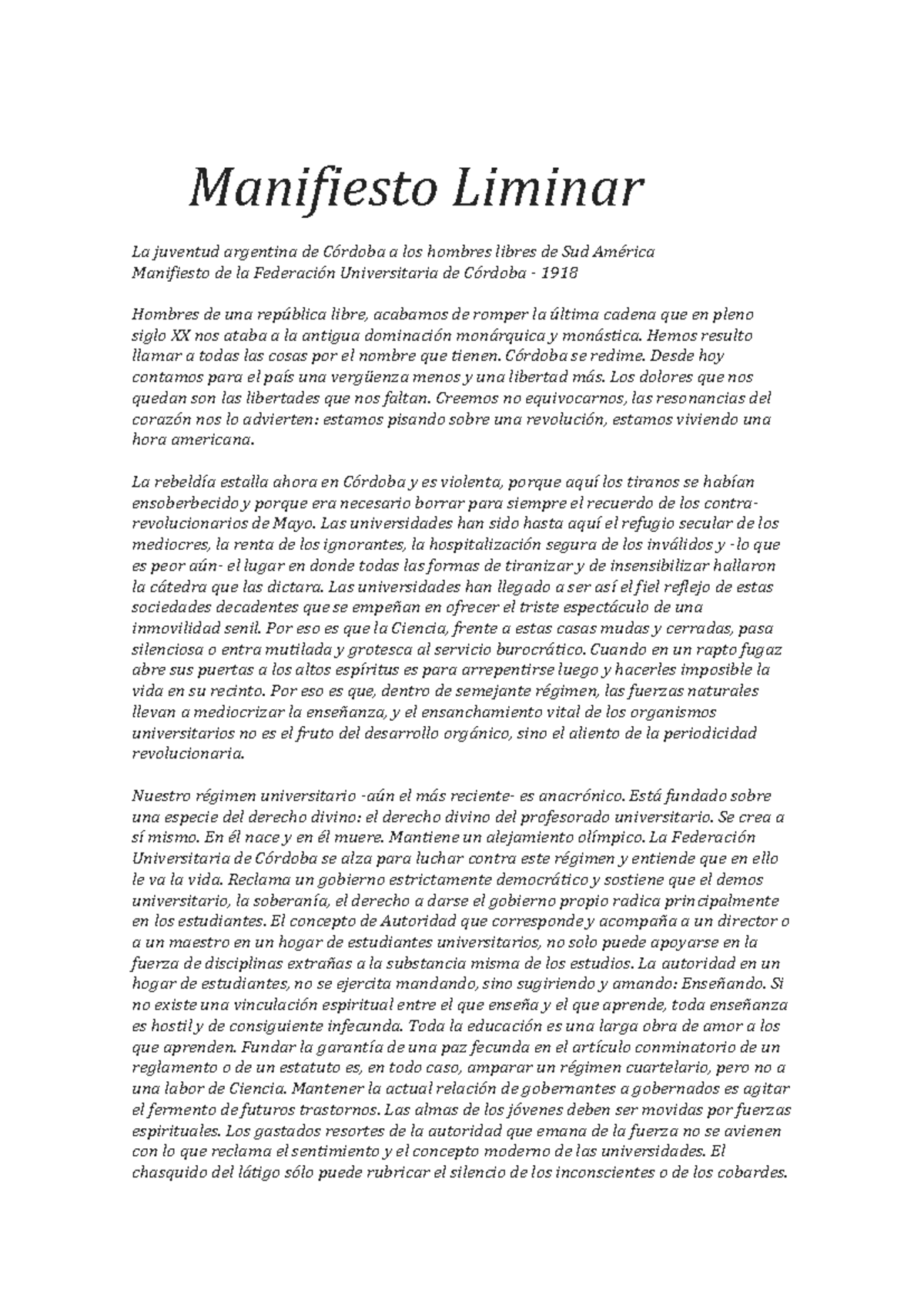 Manifiesto Liminar de la Federación Universitaria de Córdoba - 1918 ...