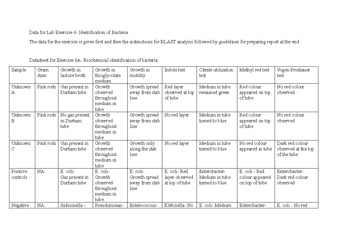 BIOL2265 Lab Exercise 6: Bacterial Identification Data & Analysis - Studocu