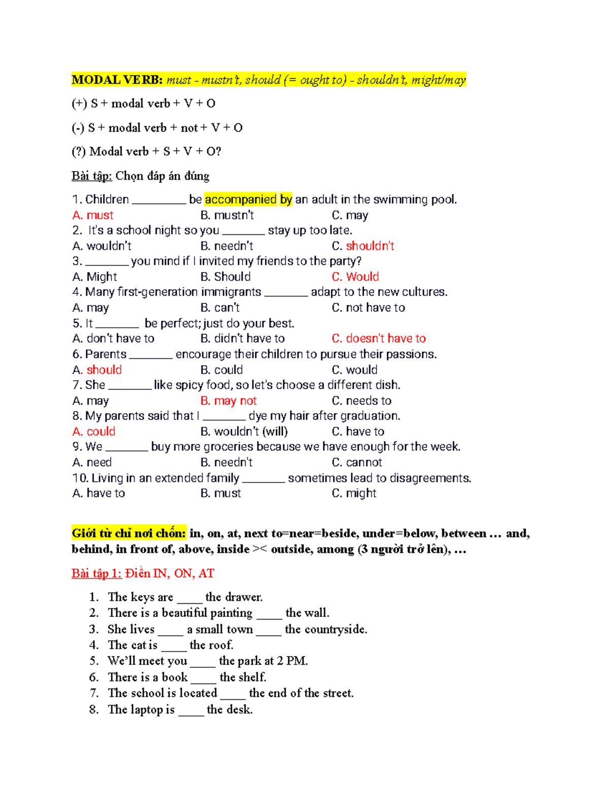 Modal Verbs & Prepositions: Review Exercises for English Grammar - Studocu