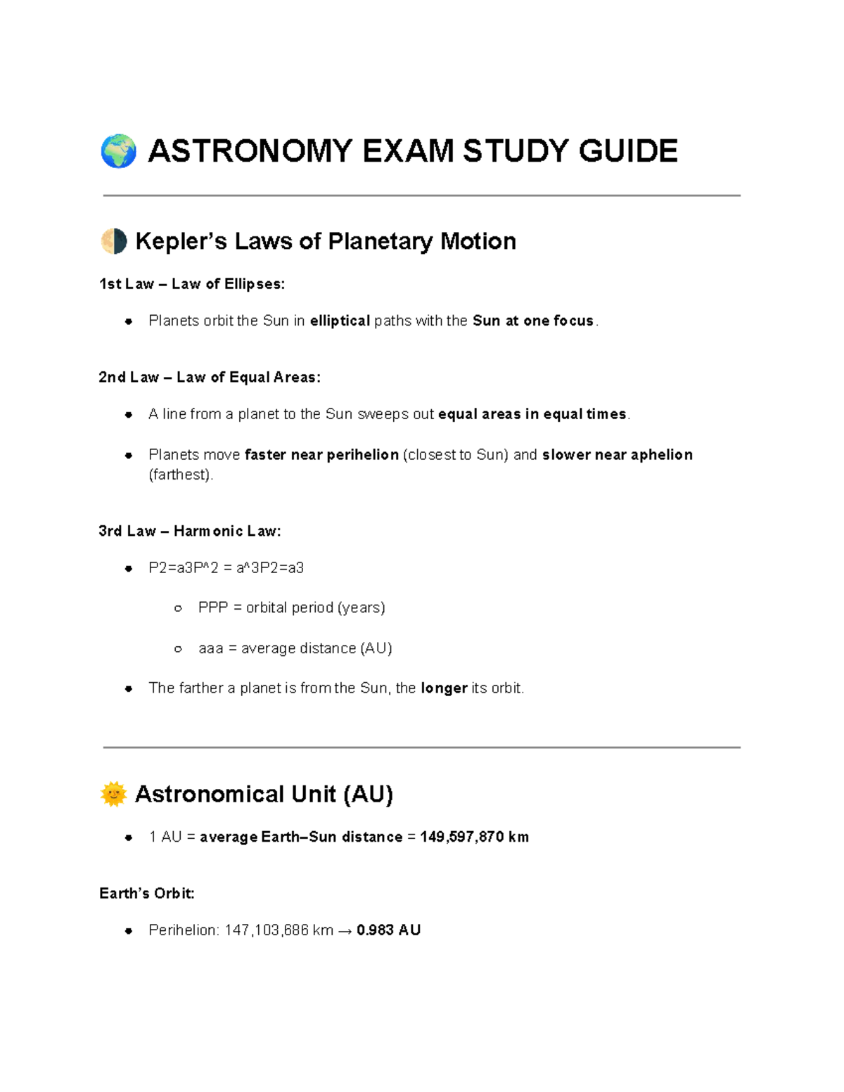 ASTR 101 Final Exam Study Guide: Planetary Motion & Light - Studocu