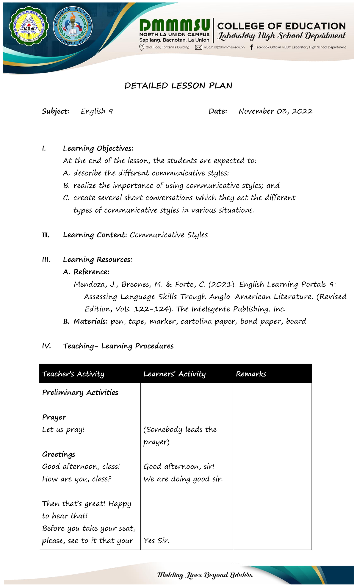 LP-09 Detailed Lesson Plan on Communicative Styles - Studocu