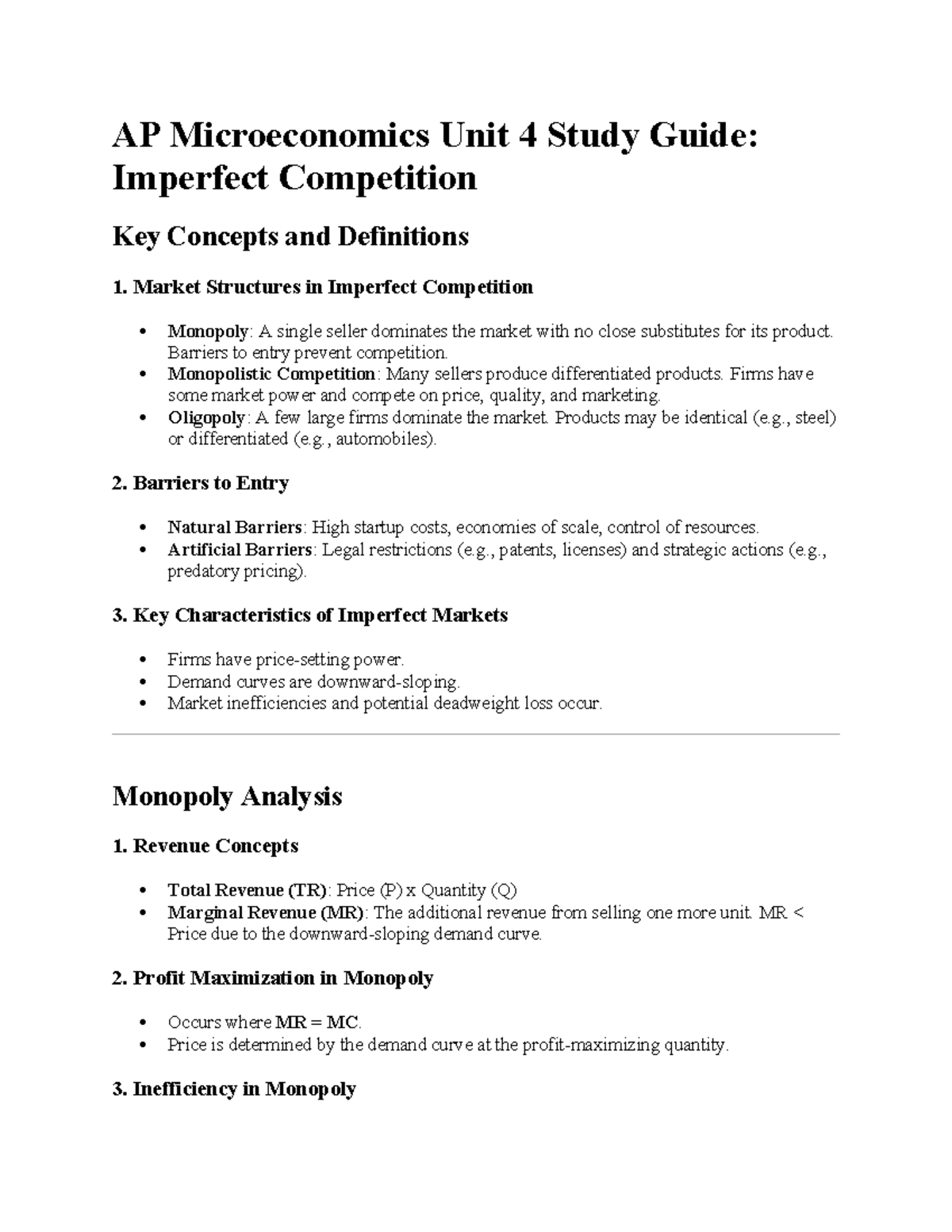 AP Microeconomics Unit 4: Study Guide on Imperfect Competition Concepts ...