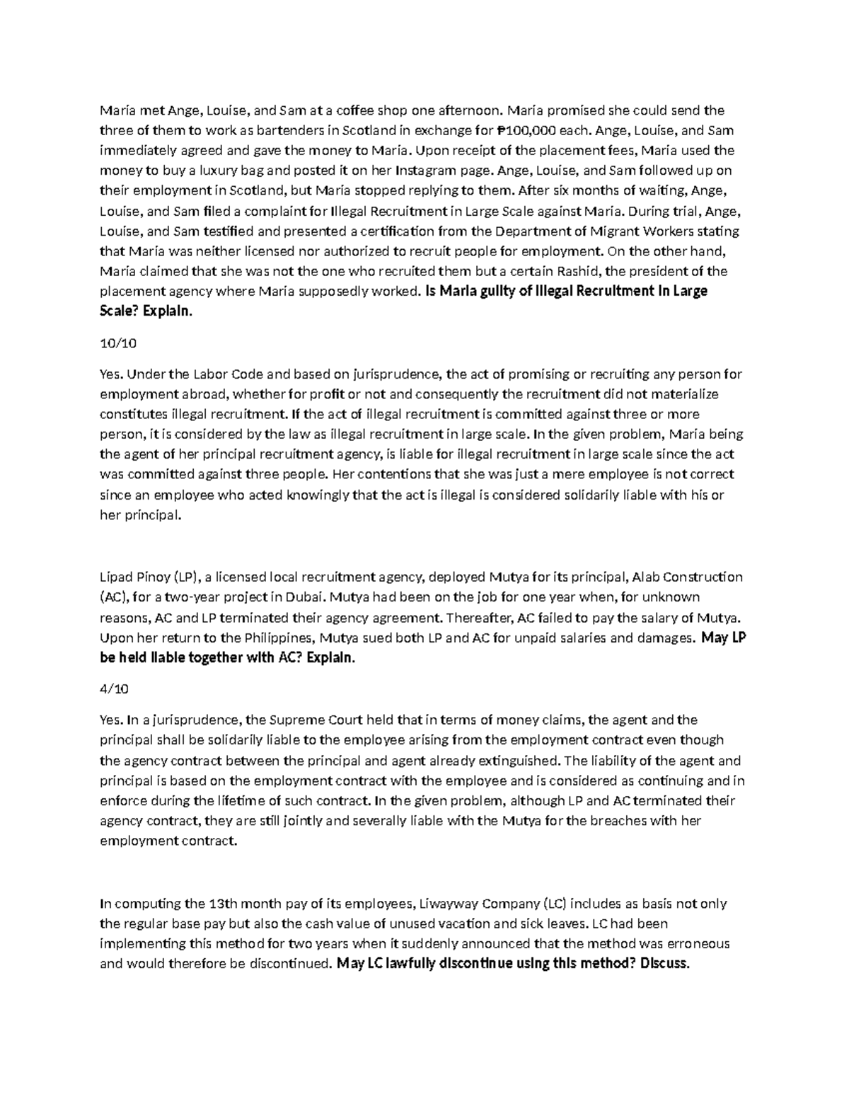 Labor Law Sample Exam: Cases on Illegal Recruitment & Employment Issues ...