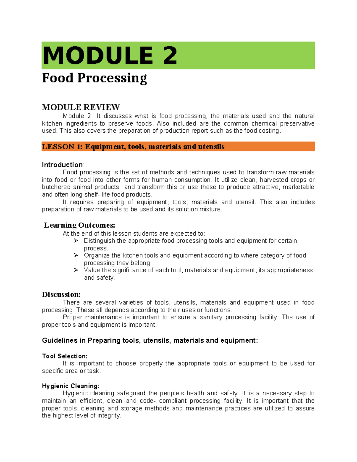 MODULE 2: Food Processing Review - Tools, Equipment & Preservation ...
