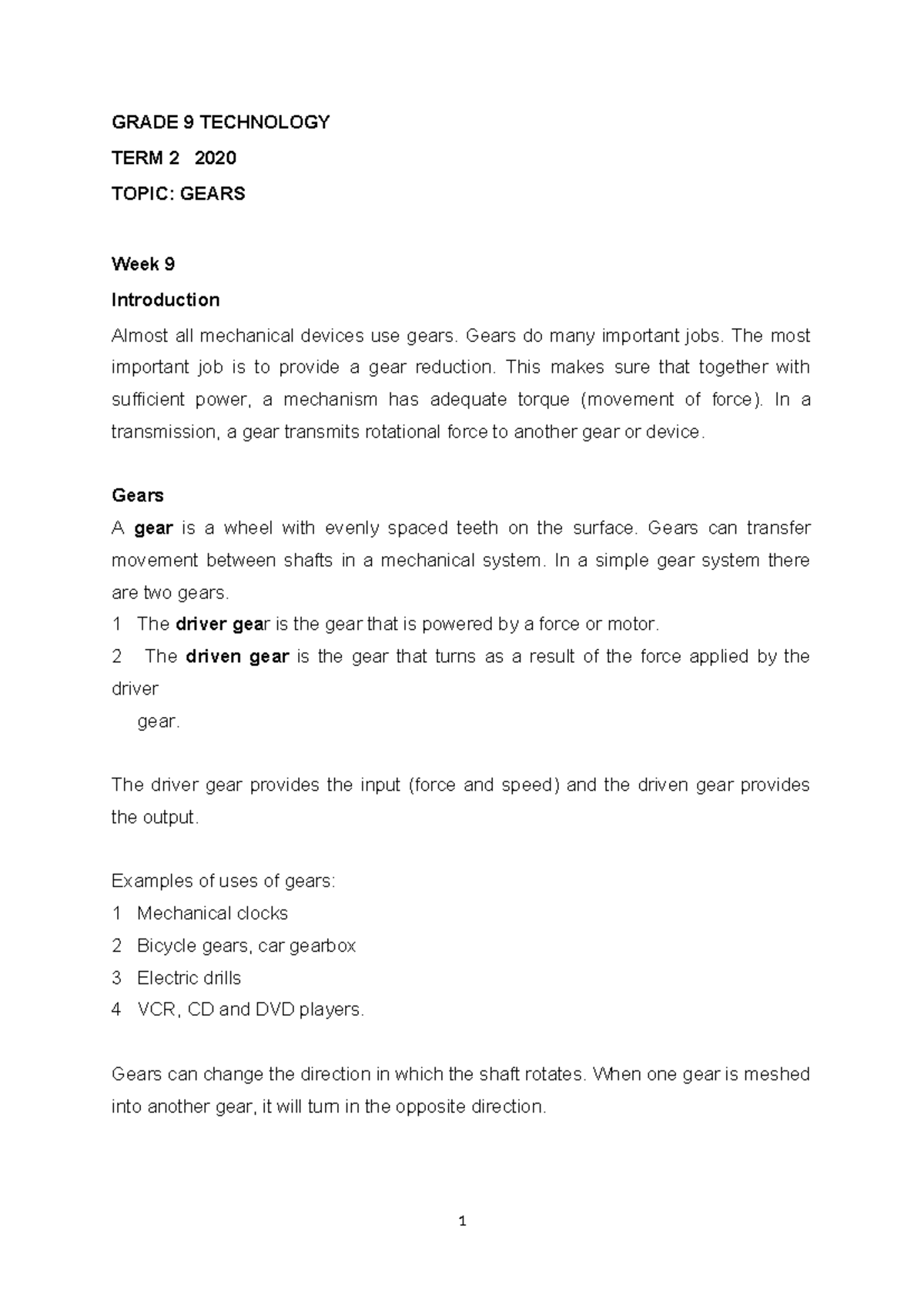 Technology Gr9 Notes T2: Gears Overview for Week 9 - Studocu