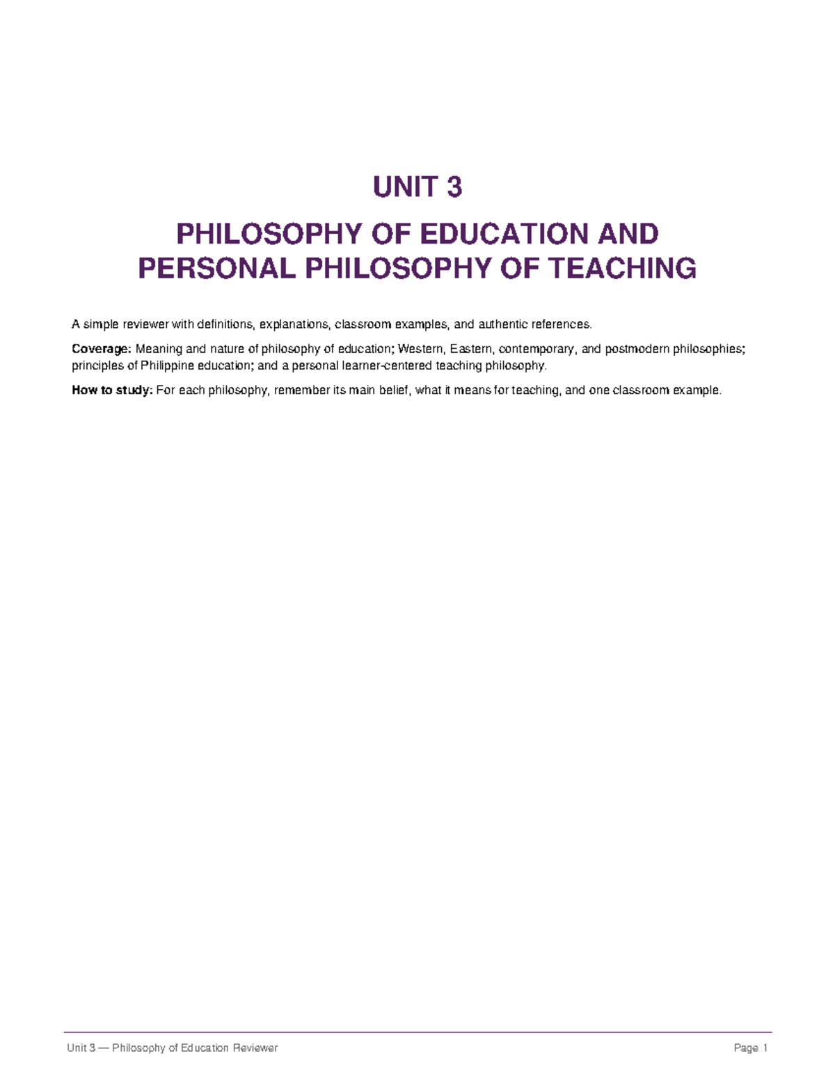 PHIL 101: Unit 3 Philosophy of Education & Personal Teaching Philosophy ...