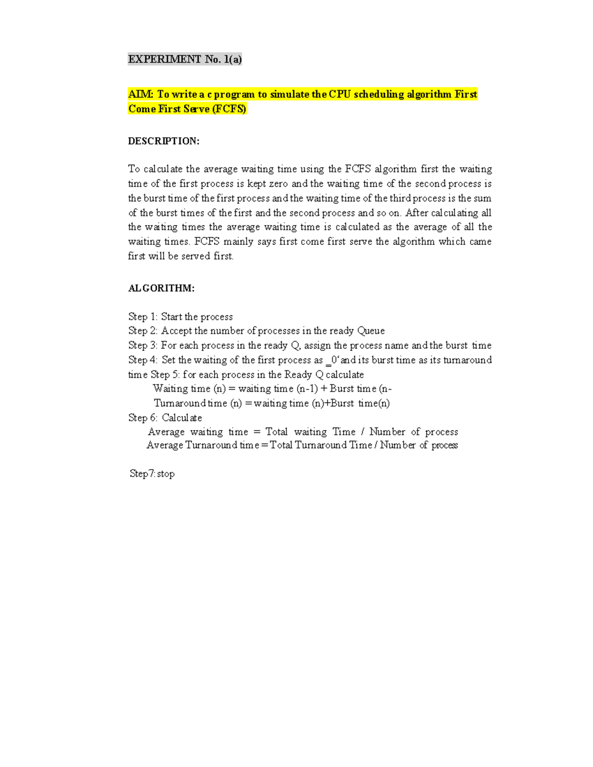 OS Lab File - Hii - EXPERIMENT No. 1(a) AIM: To write a c program to ...