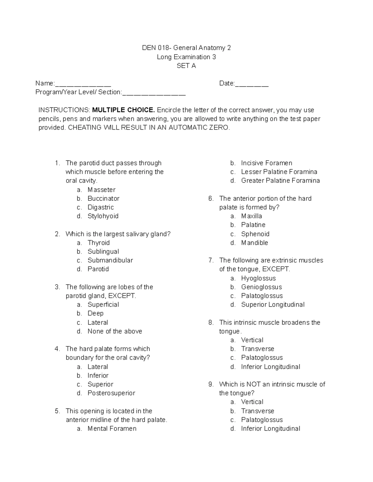 DEN 018 General Anatomy 1 Long Exam 1 Set A Practice Questions - Studocu