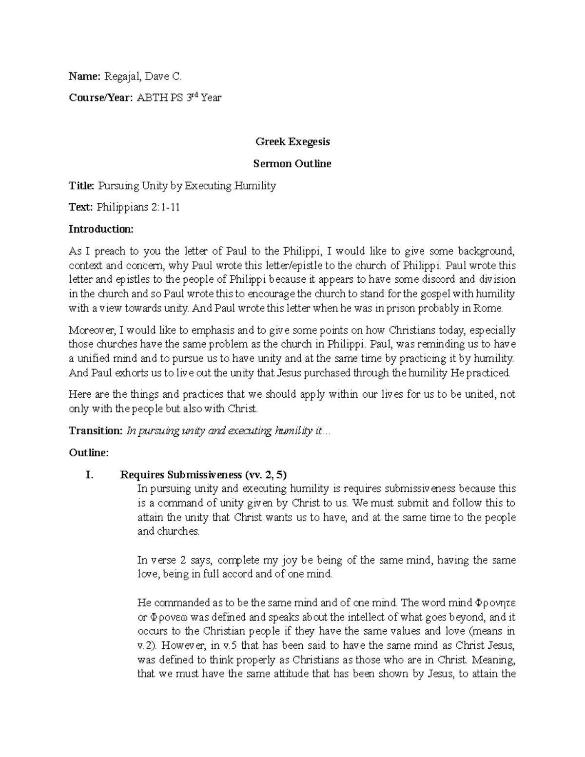 Sermon Outline: Pursuing Unity through Humility in Greek Exegesis (ABTH ...