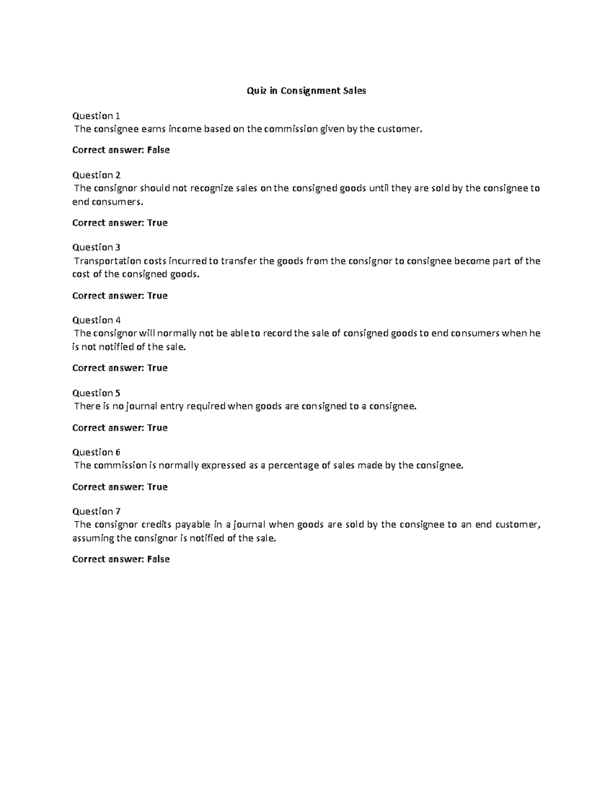 Quiz on Consignment Sales (Course Code: CS101) - Studocu