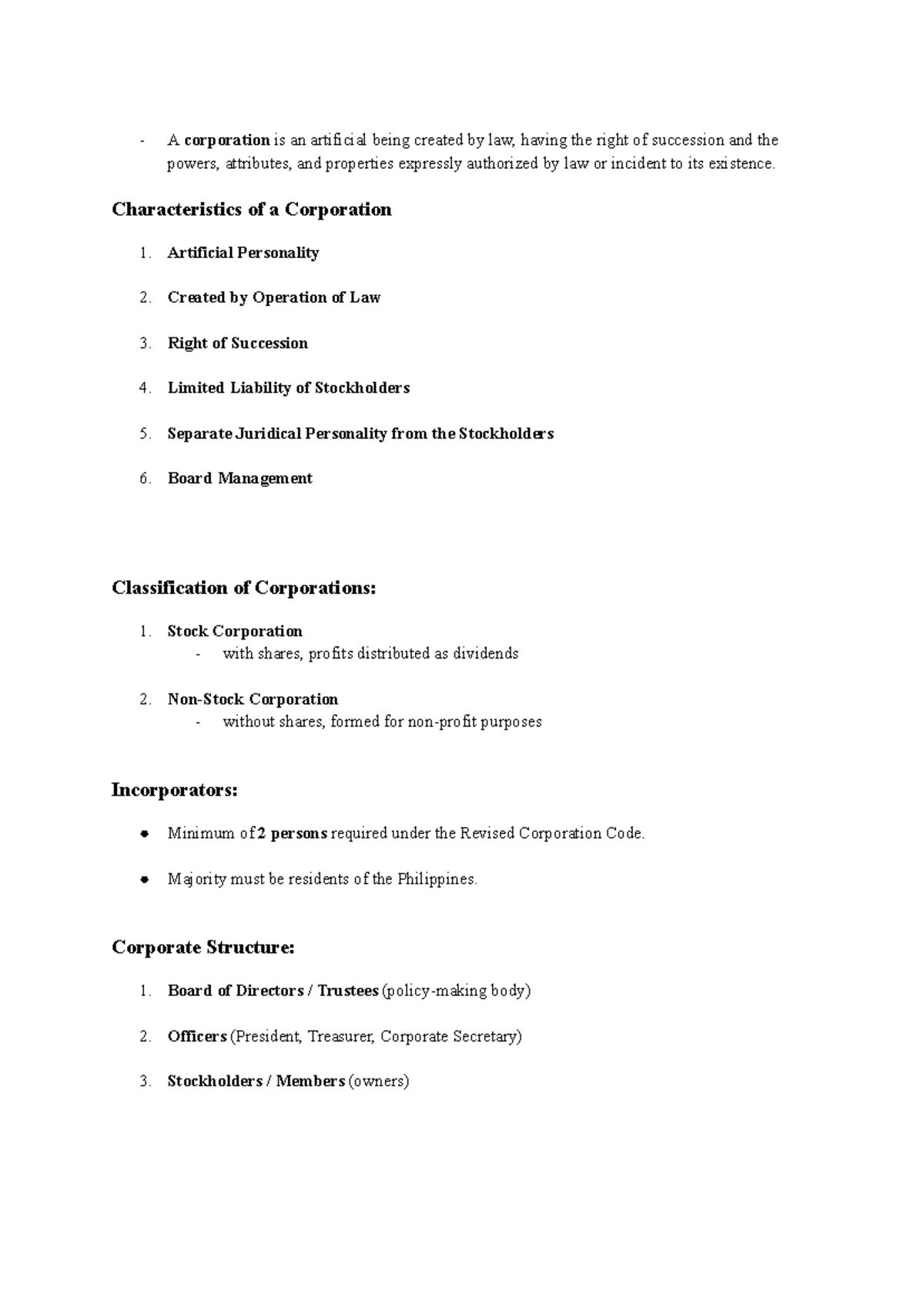 Characteristics and Structure of Corporations: Legal Overview - Studocu