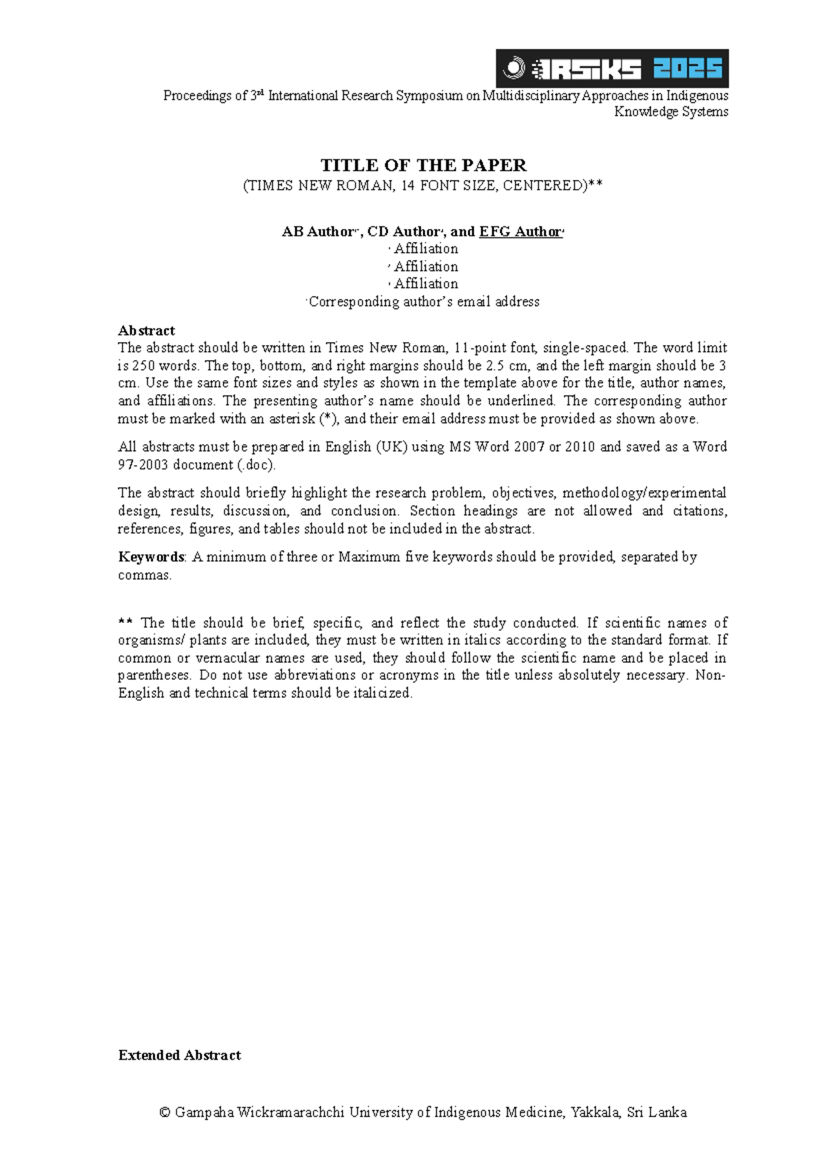 Abstract and Extended abstract template Irsiks-2025 - Proceedings of ...