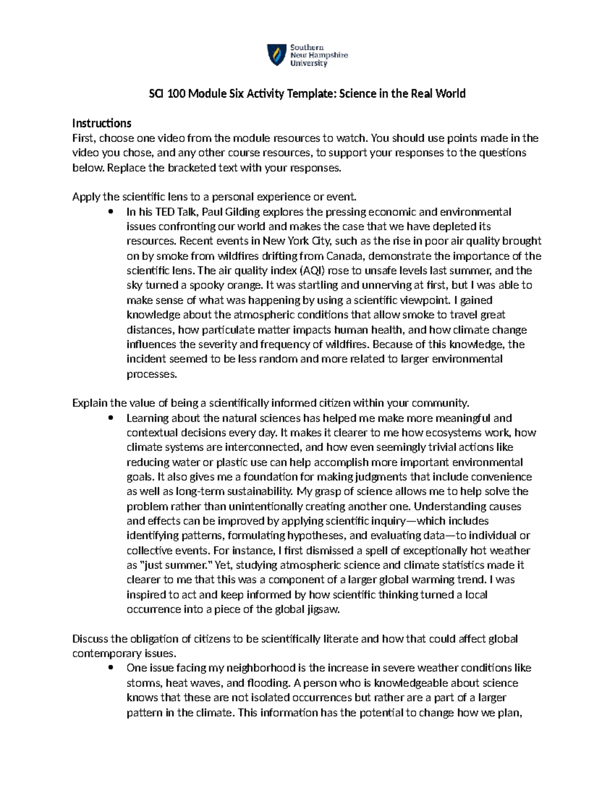 SCI 100 Module Six Activity: Applying Science to Real-World Issues ...