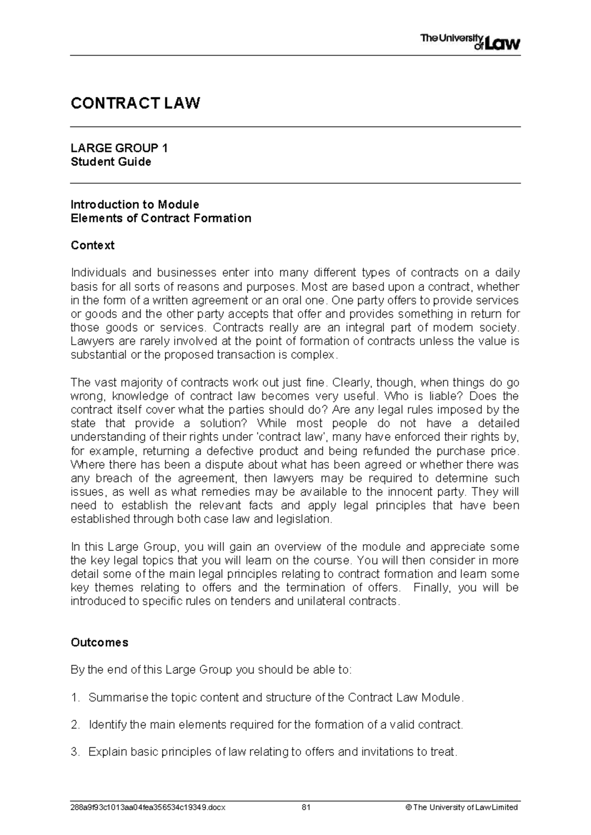 CONTRACT LAW LG01 CE01 Student Guide: Elements of Contract Formation ...