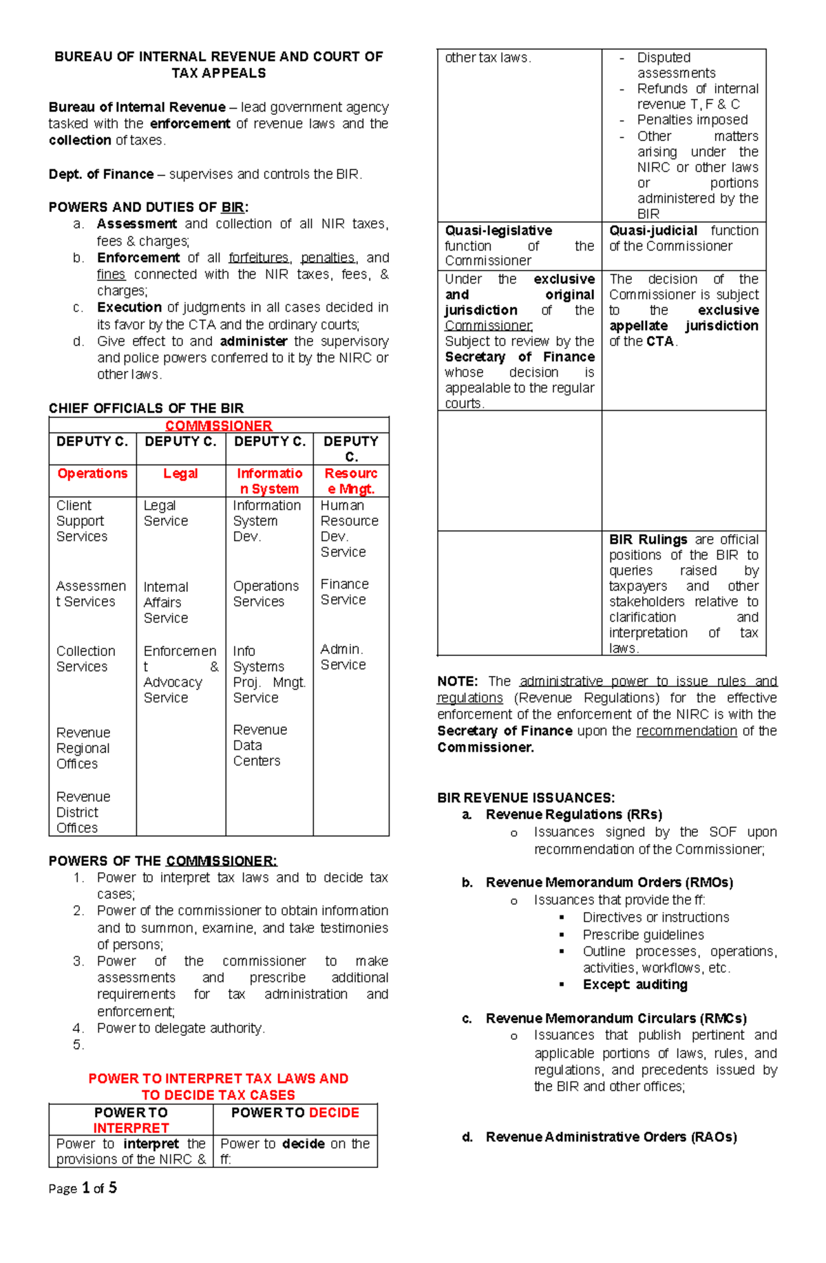CIR Powers and Duties - Study Notes for Tax Class (TAX101) - Studocu
