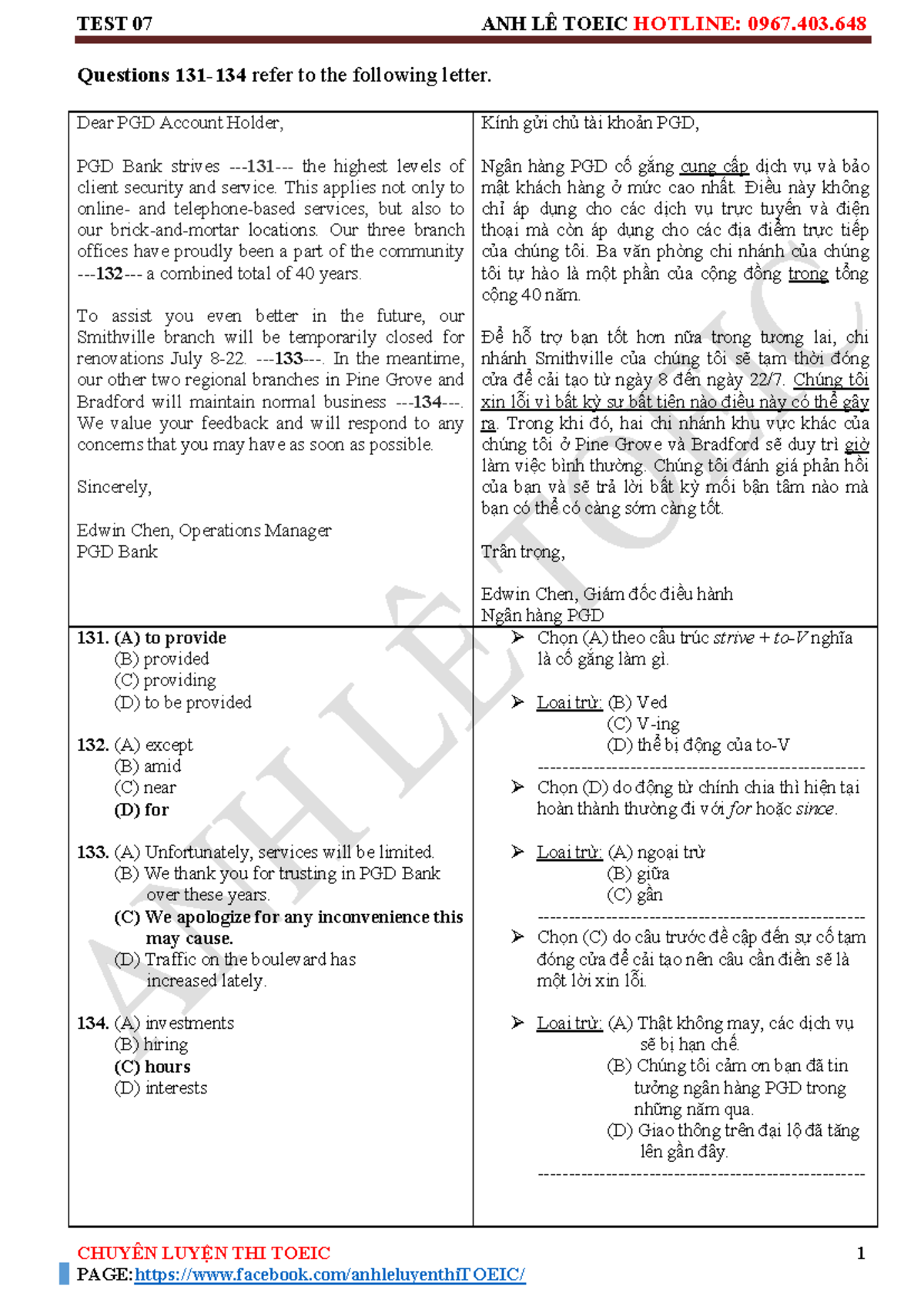 508311482 GIẢI CHI TIẾT TOEIC TEST 7 - PART 6 VÀ 7 ANH LE - Studocu