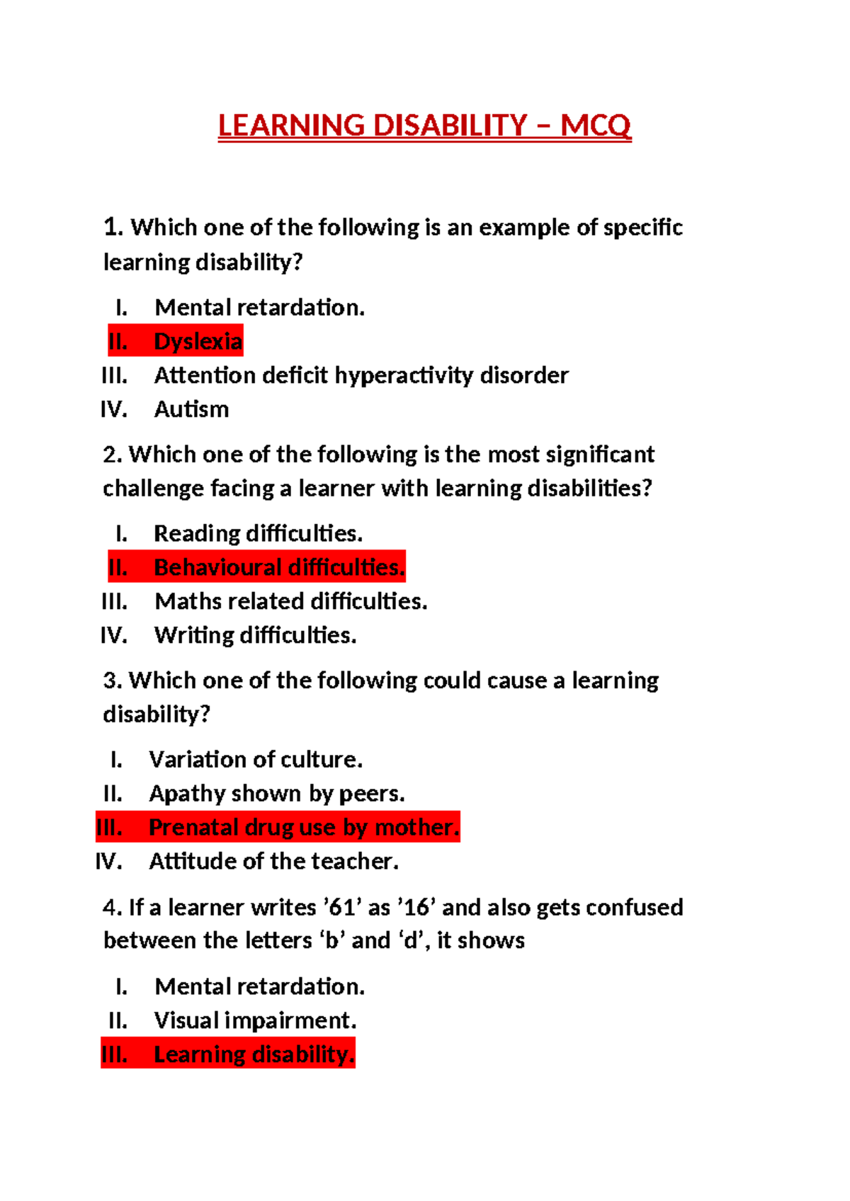 MCQ Questions on Learning Disabilities: Key Concepts and Challenges ...