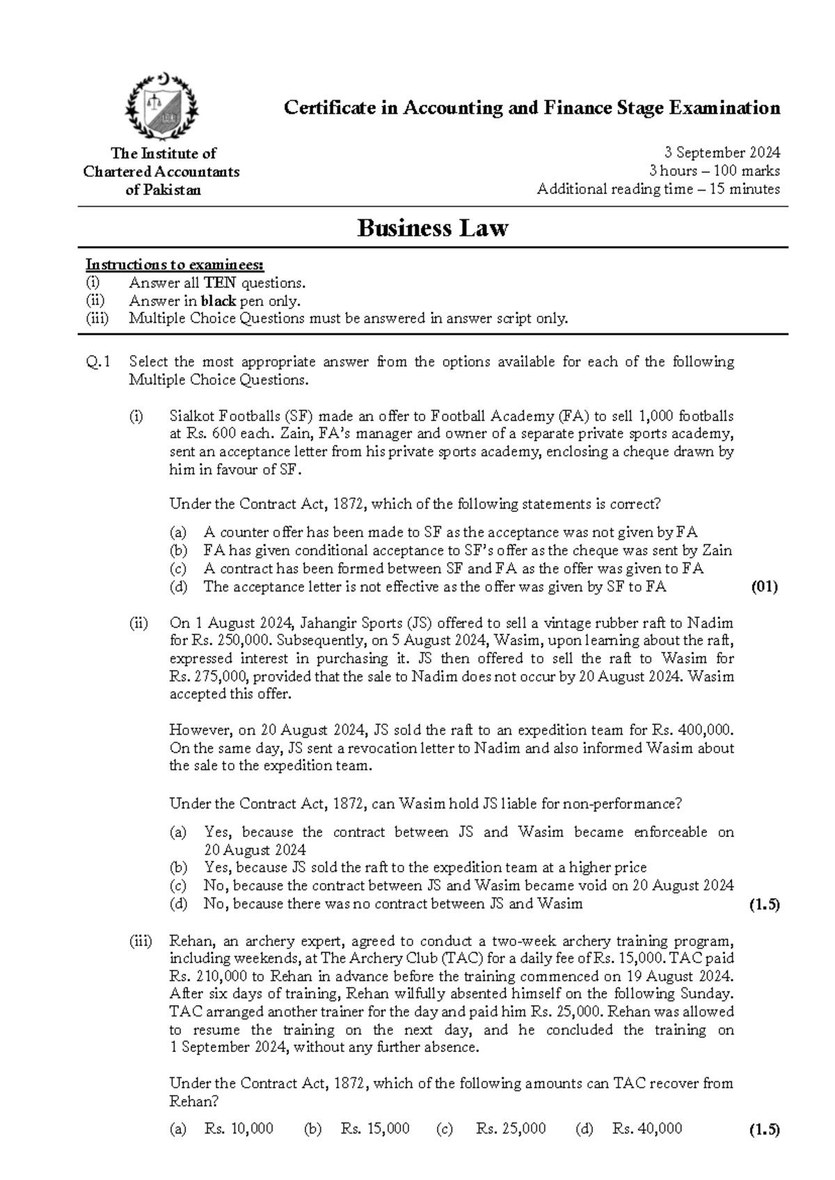 CAF 4 Autumn 2024 - Business Law Stage Exam Past Paper - Studocu