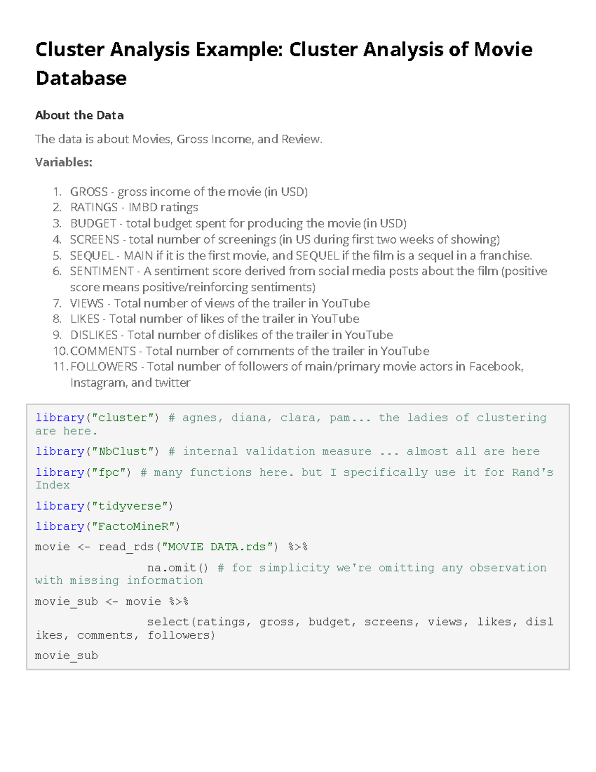 Cluster Analysis Example: Hierarchical Clustering of Movie Data - Studocu
