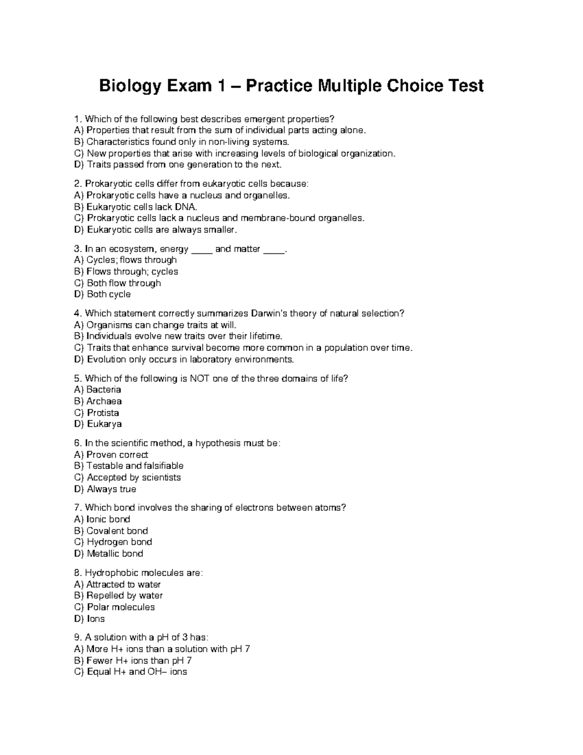 Biology 101: Exam 1 Practice Multiple Choice Questions - Studocu