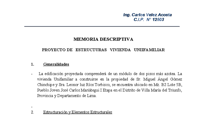 Memoria Descriptiva del Proyecto de Estructuras Vivienda Unifamiliar ...