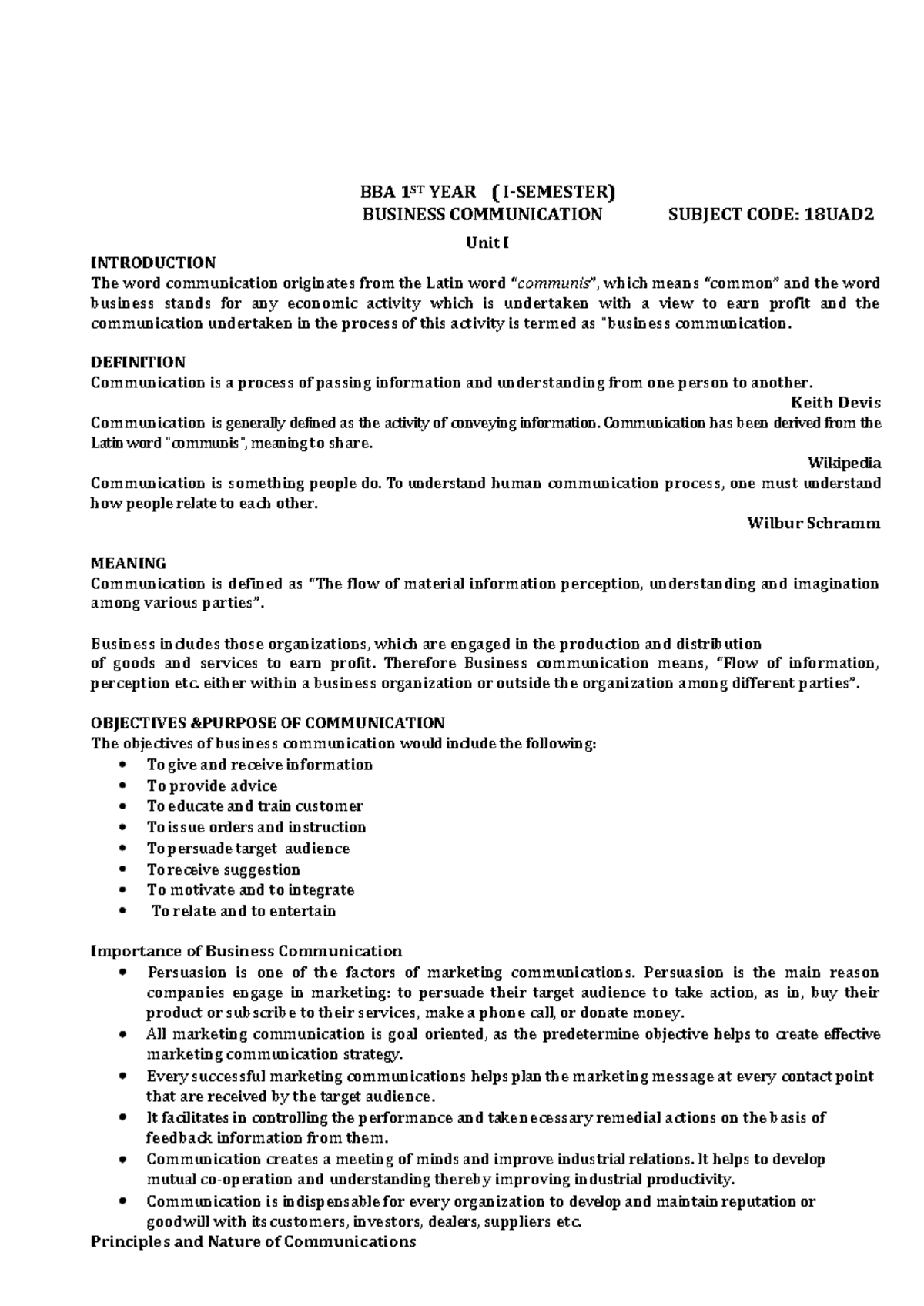BBA 1ST YEAR - BUSINESS COMMUNICATION NOTES (18UAD) - Studocu