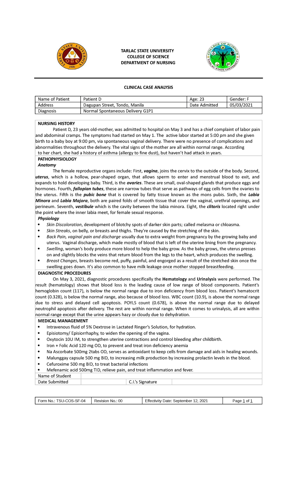Clinical Case Analysis: Patient D's Normal Spontaneous Delivery ...