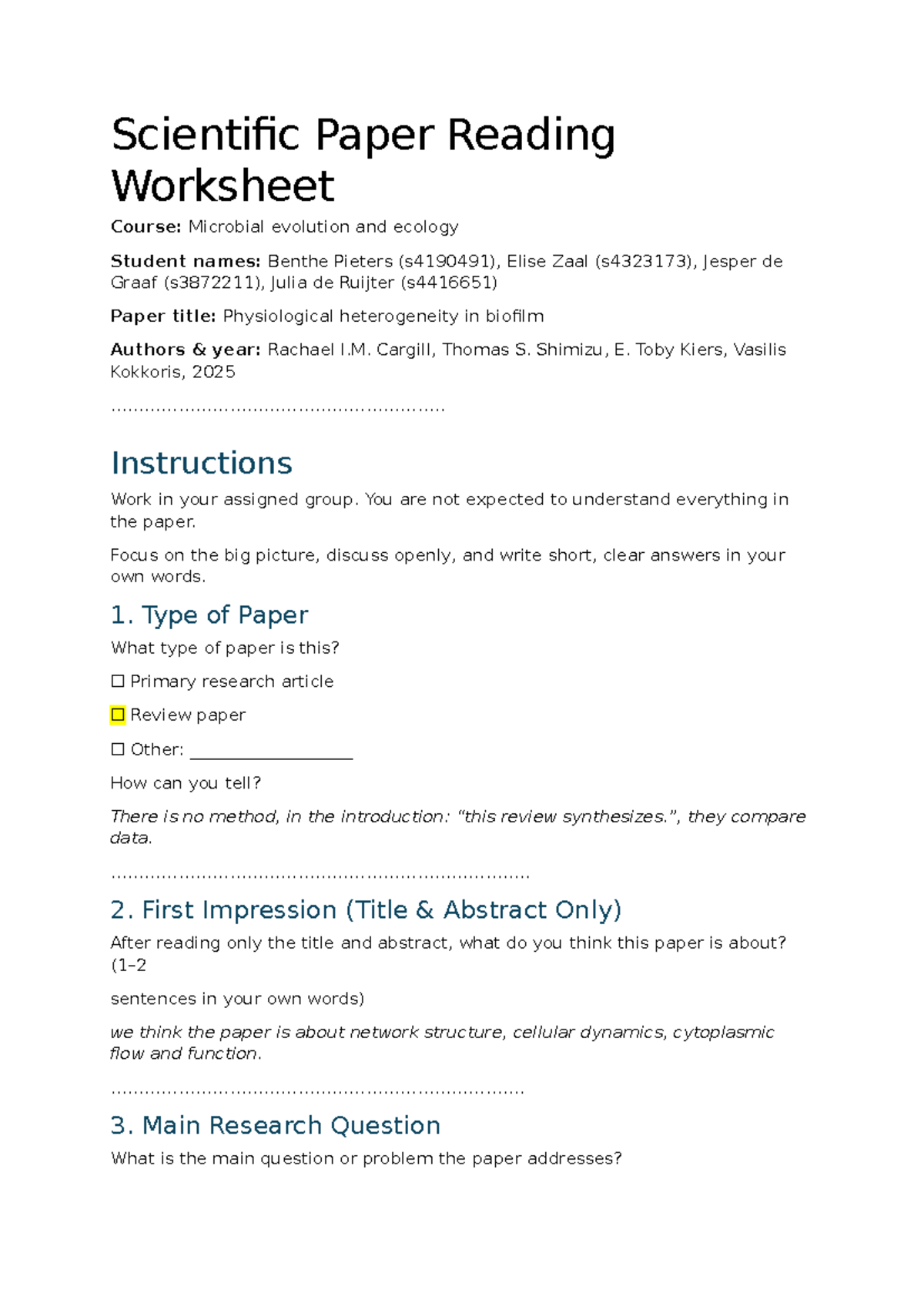 Microbial Evolution & Ecology: Scientific Paper Reading Worksheet ...