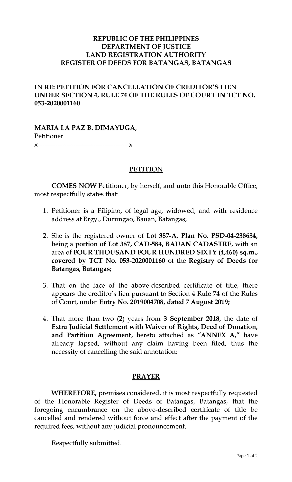 RULE 74 Petition for Cancellation of Creditor's Lien - Sample Template ...