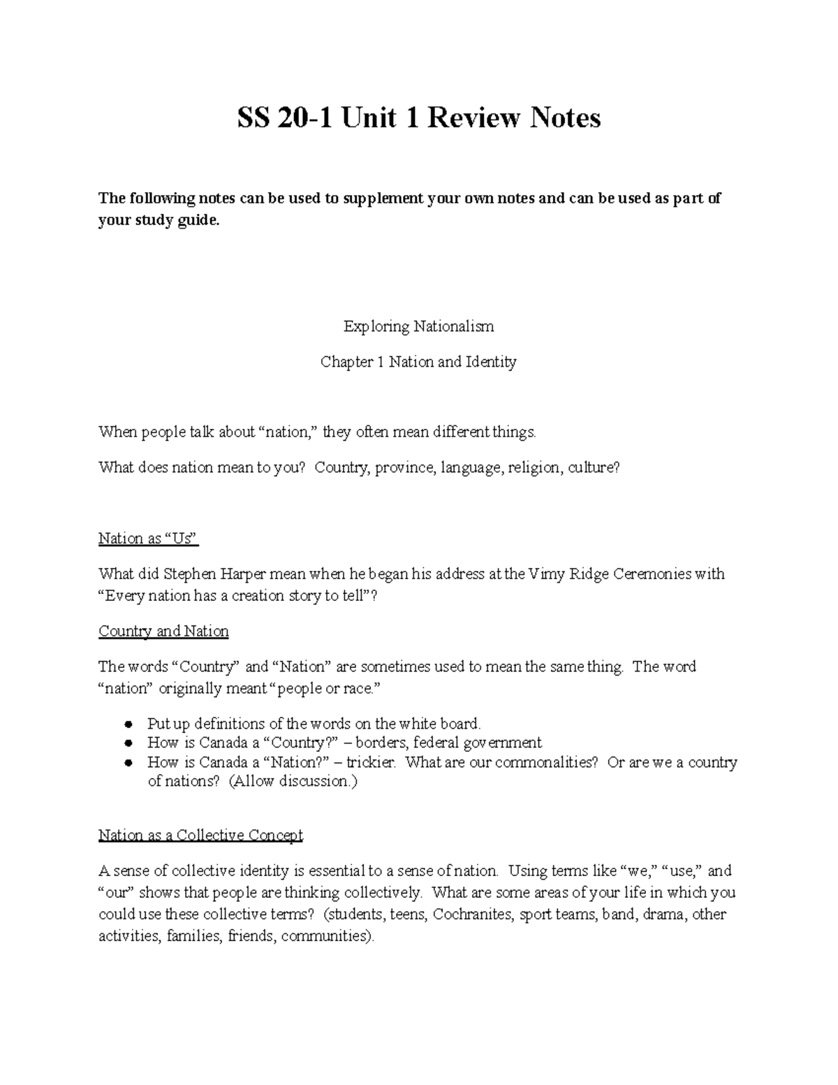Unit 1 review notes Social 20-1 - SS 20-1 Unit 1 Review Notes The ...
