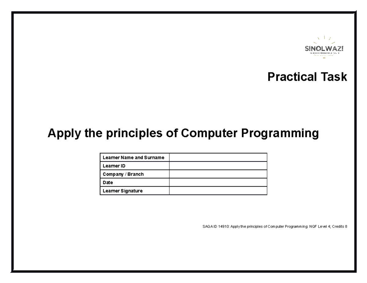 14910 Learner Po E Guide - Summative - Practical Task Apply the ...