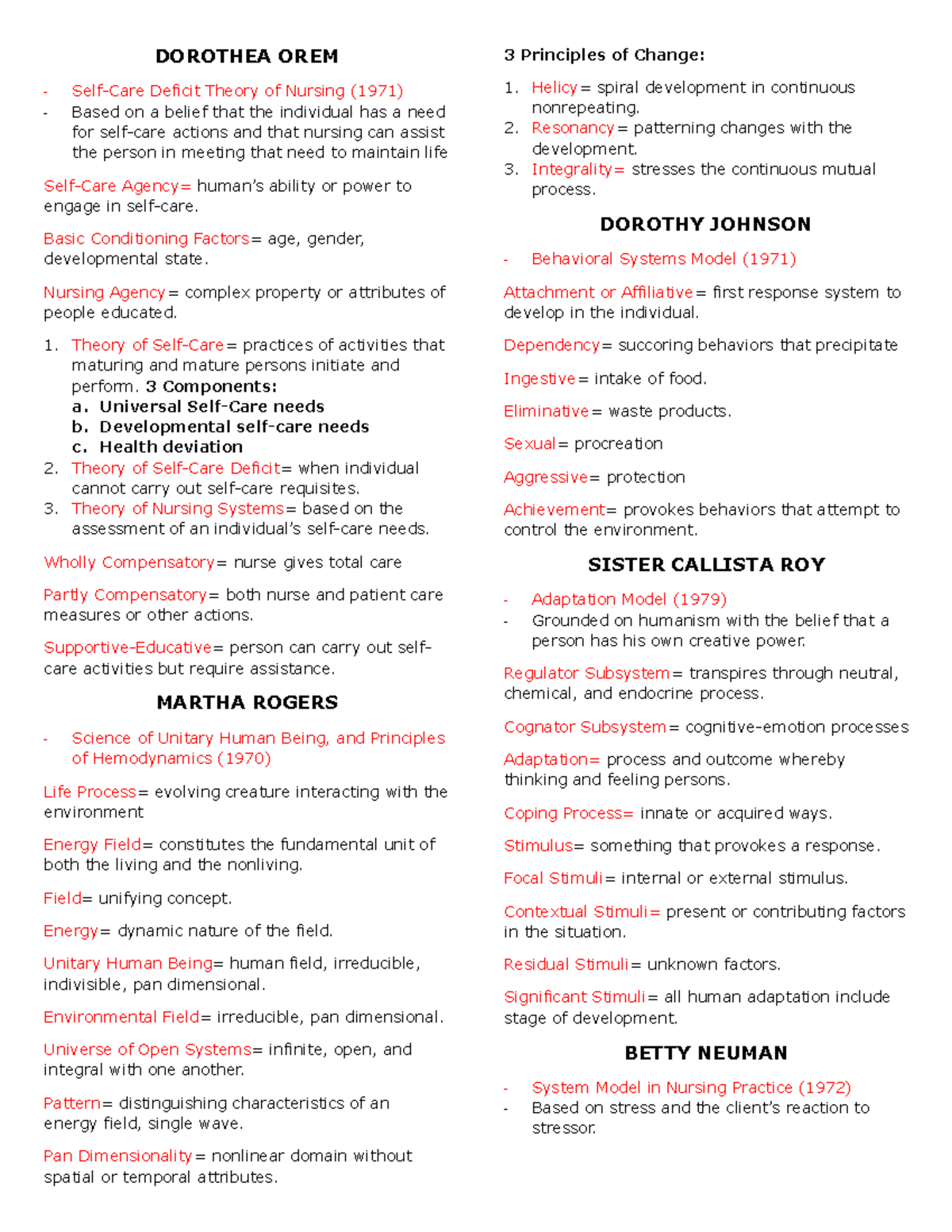 TFN Theorists: Key Nursing Models and Concepts Overview - Studocu