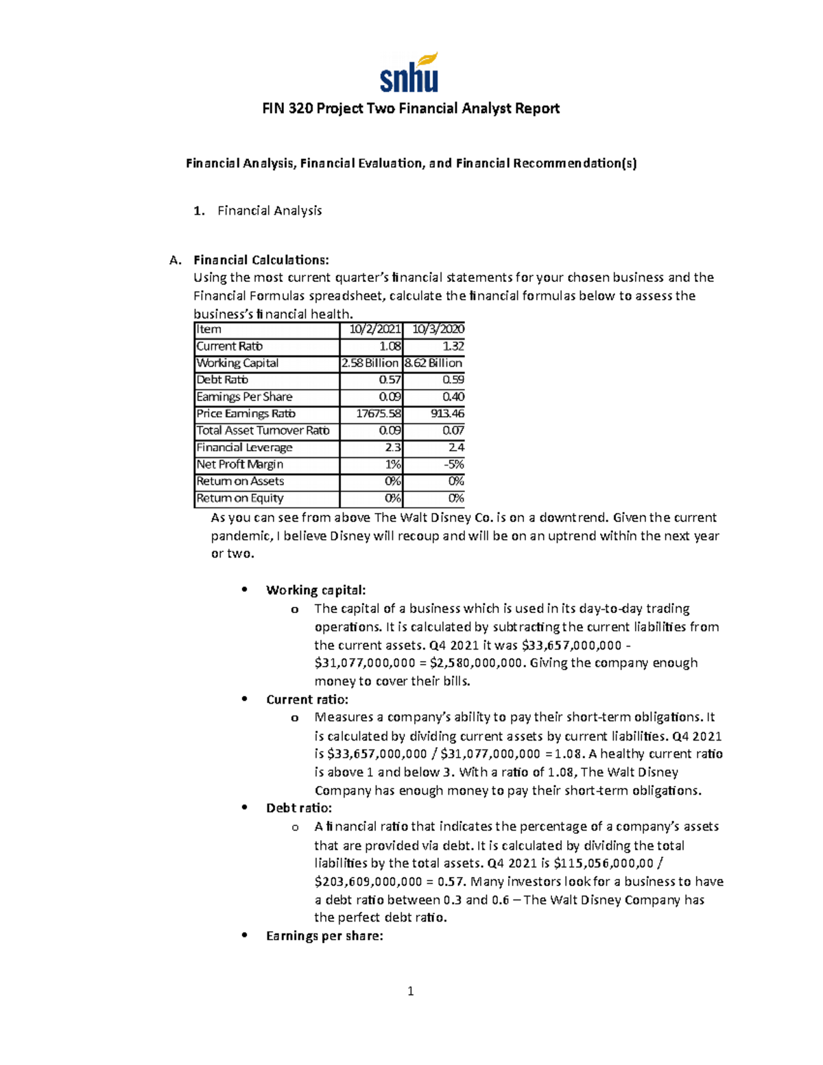 FIN 320 Project Two: Financial Analyst Report on Disney's Performance ...