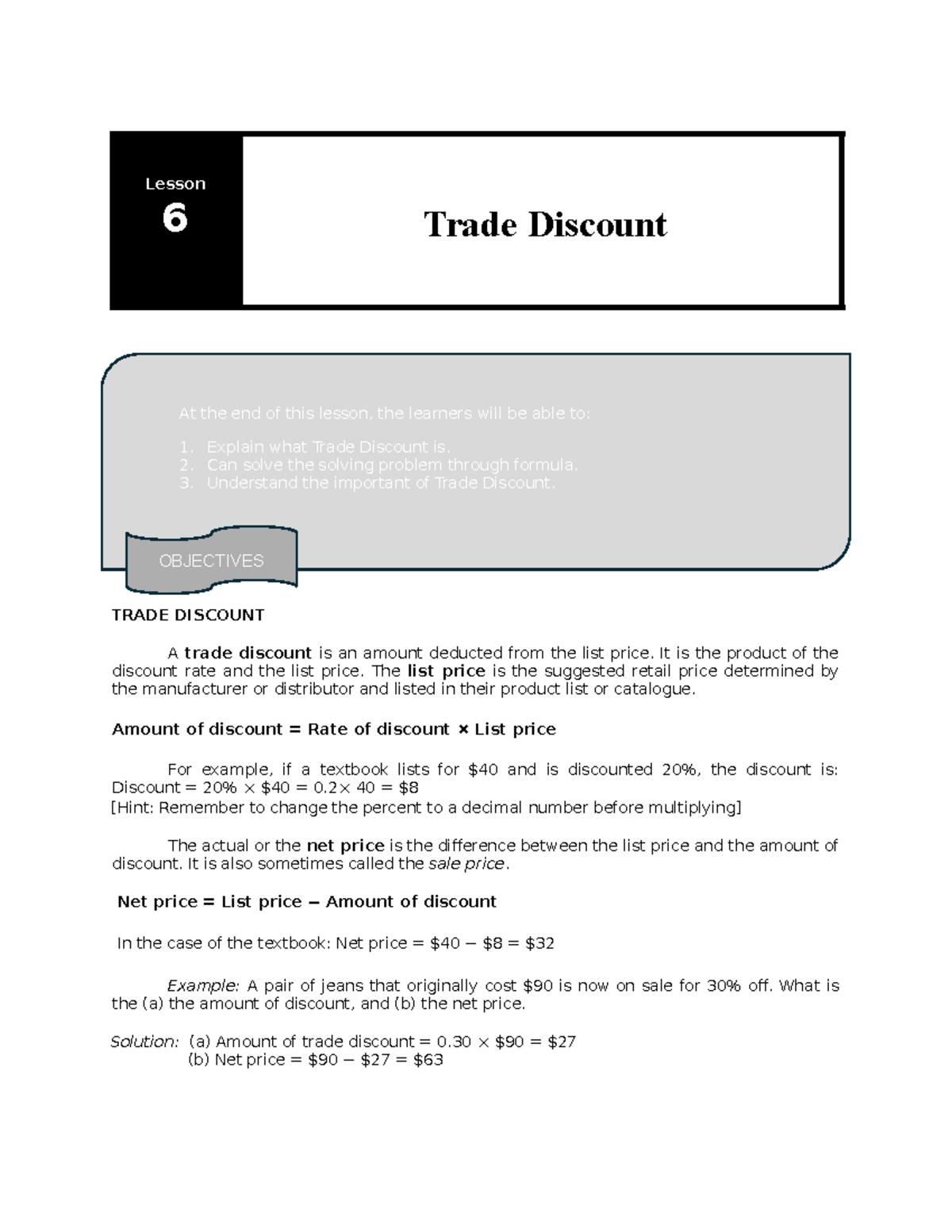 Lesson 6: Understanding Trade Discounts and Their Applications - Studocu
