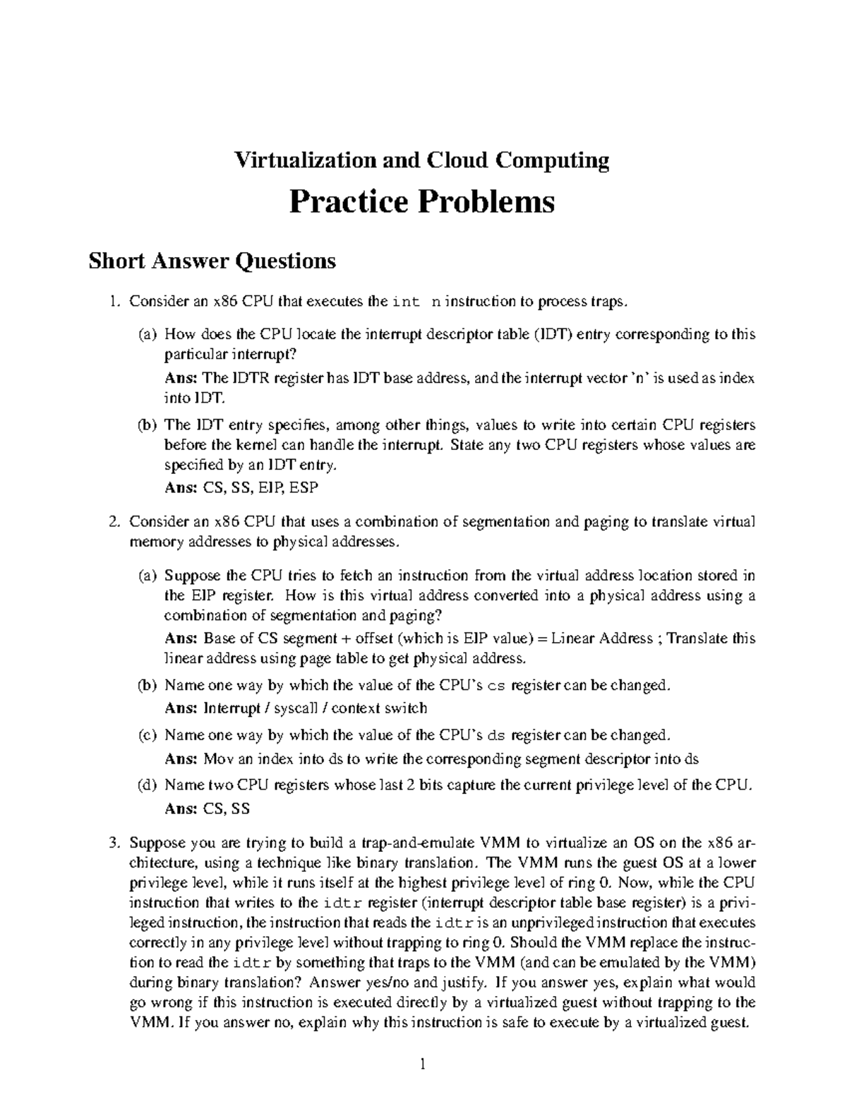 Virtualization and Cloud Computing Practice Problems (Course Code ...