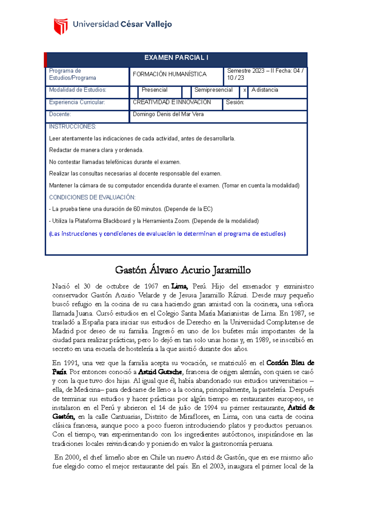 Examen Parcial I de Creatividad e Innovación - Formación Humanística ...