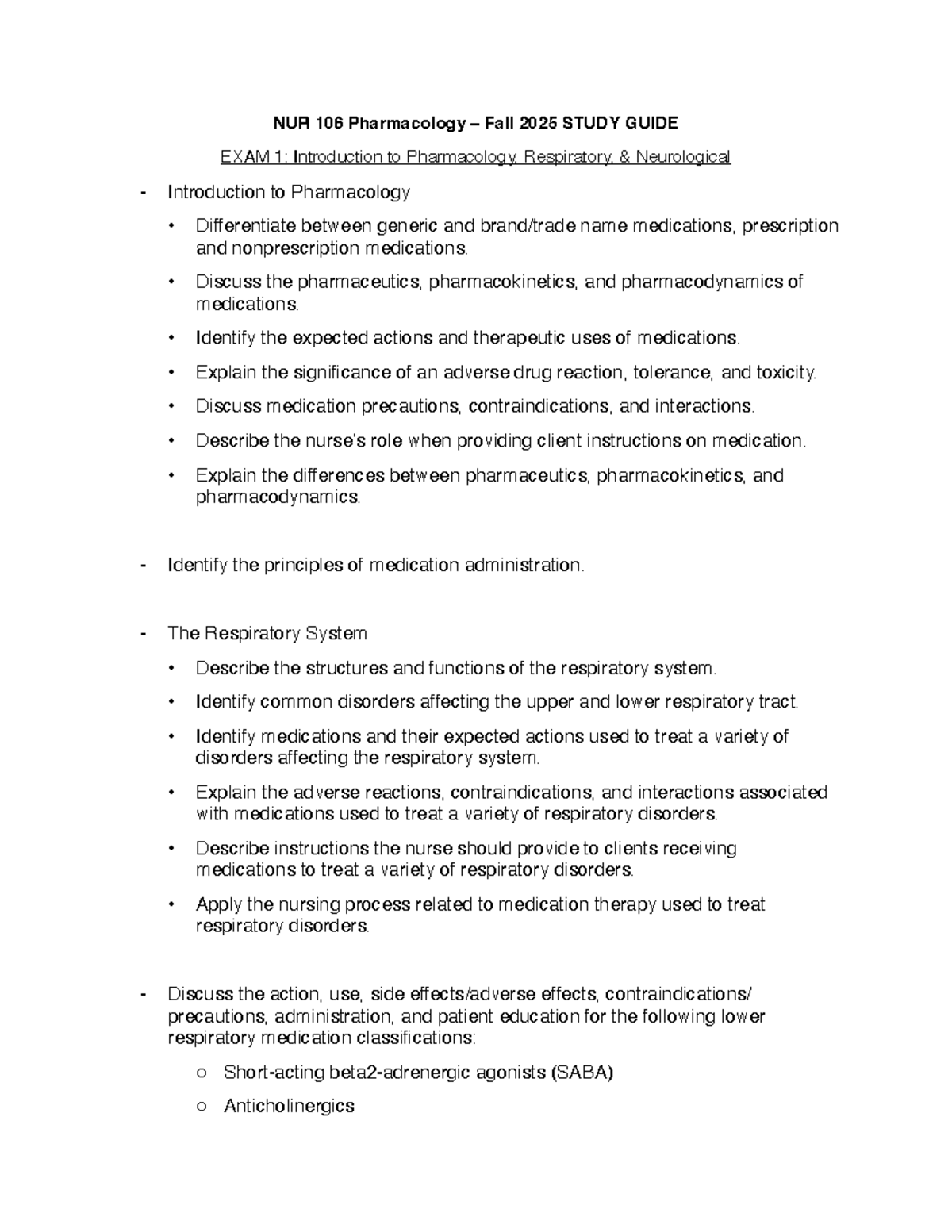 NUR 106 Exam 1 Study Guide: Intro to Pharmacology & Systems - Studocu