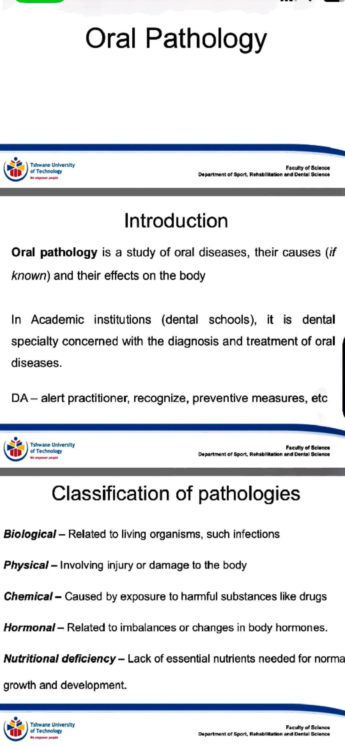 Oral Pathology Overview - Tshwane University - Studocu