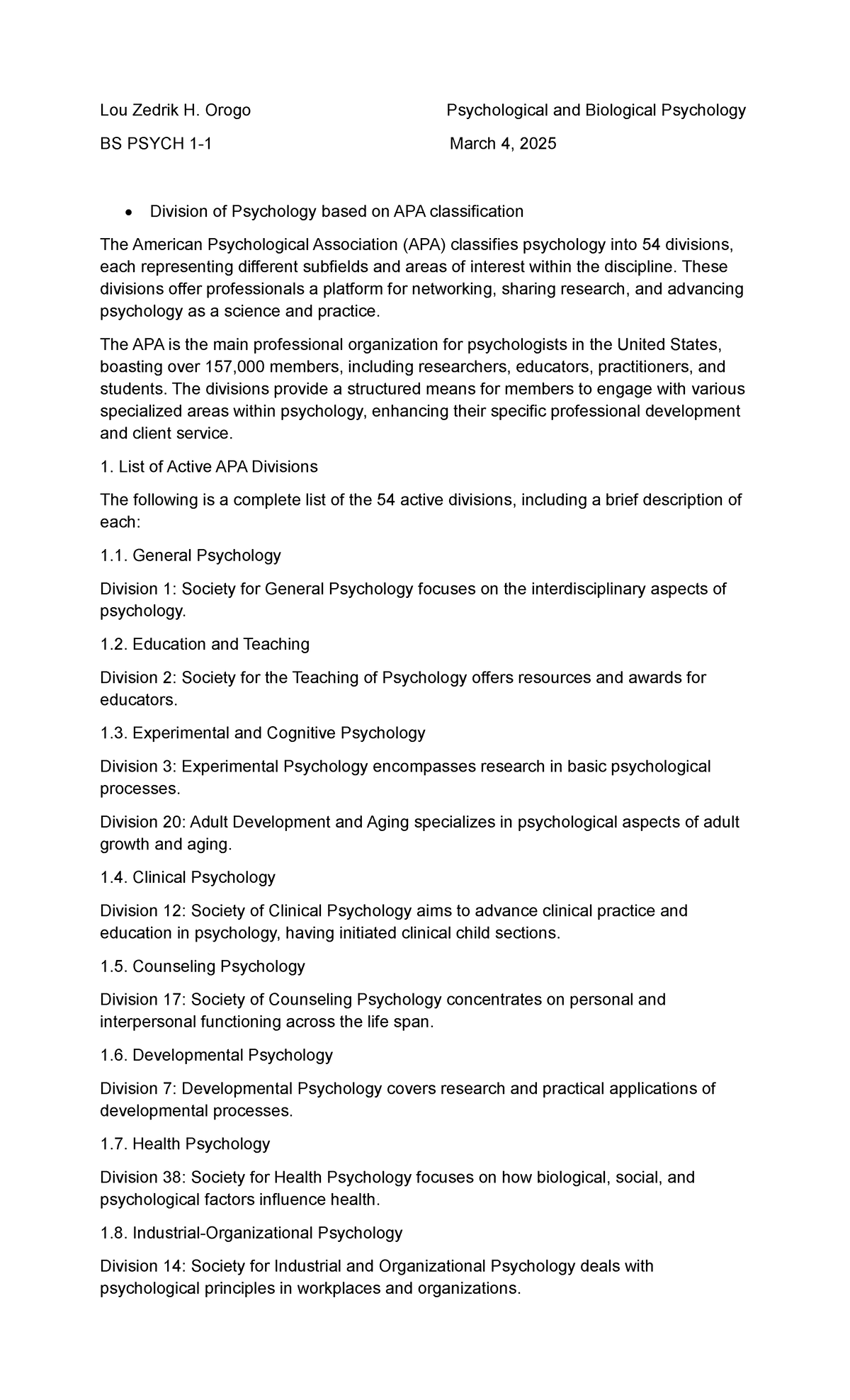 APA Divisions in Psychology: Overview and Key Branches (BS PSYCH) - Studocu
