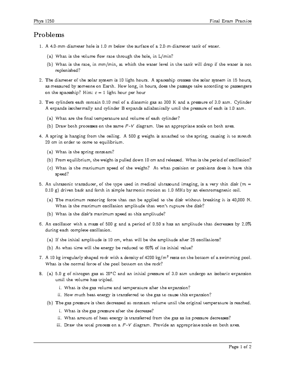 Phys 1250 Final Exam Practice Problems and Solutions - Studocu