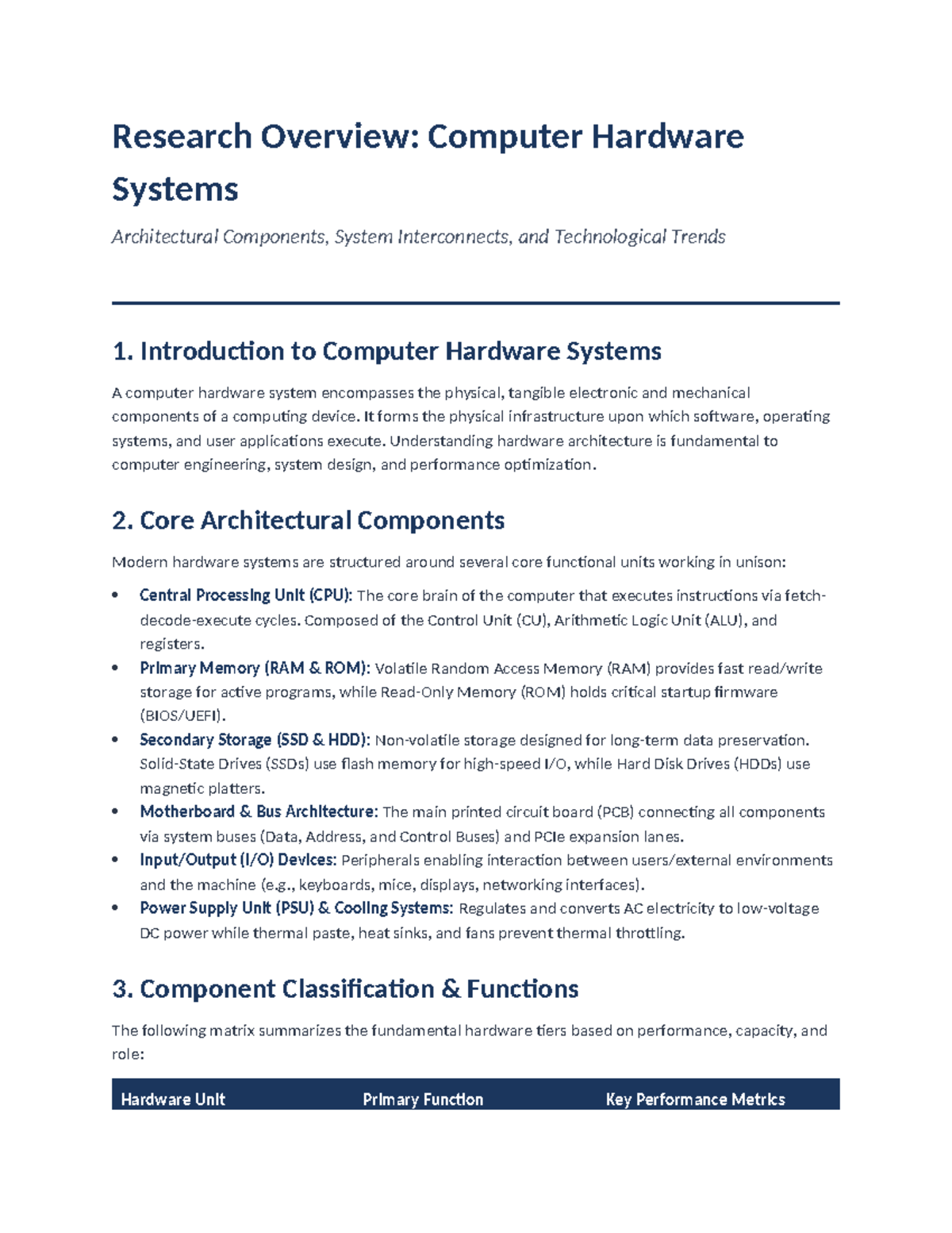 Research Overview: Architectural Components of Computer Hardware ...