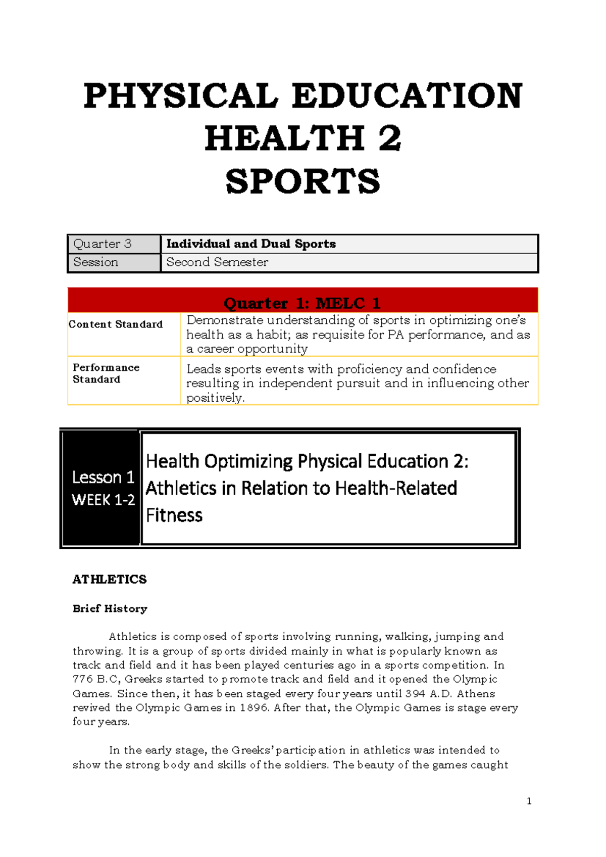 PHED 2: Quarter 3 Individual & Dual Sports Handouts - Studocu