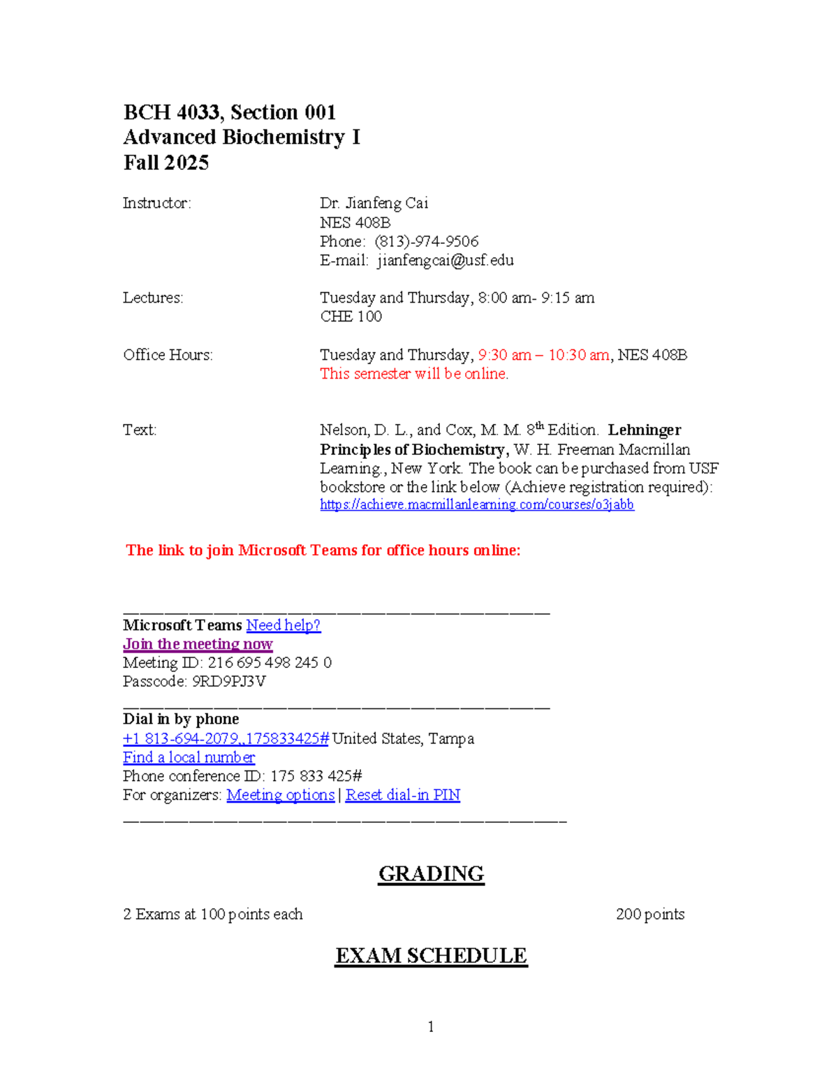 BCH 4033 Syllabus: Advanced Biochemistry I - Fall 2025 - Studocu