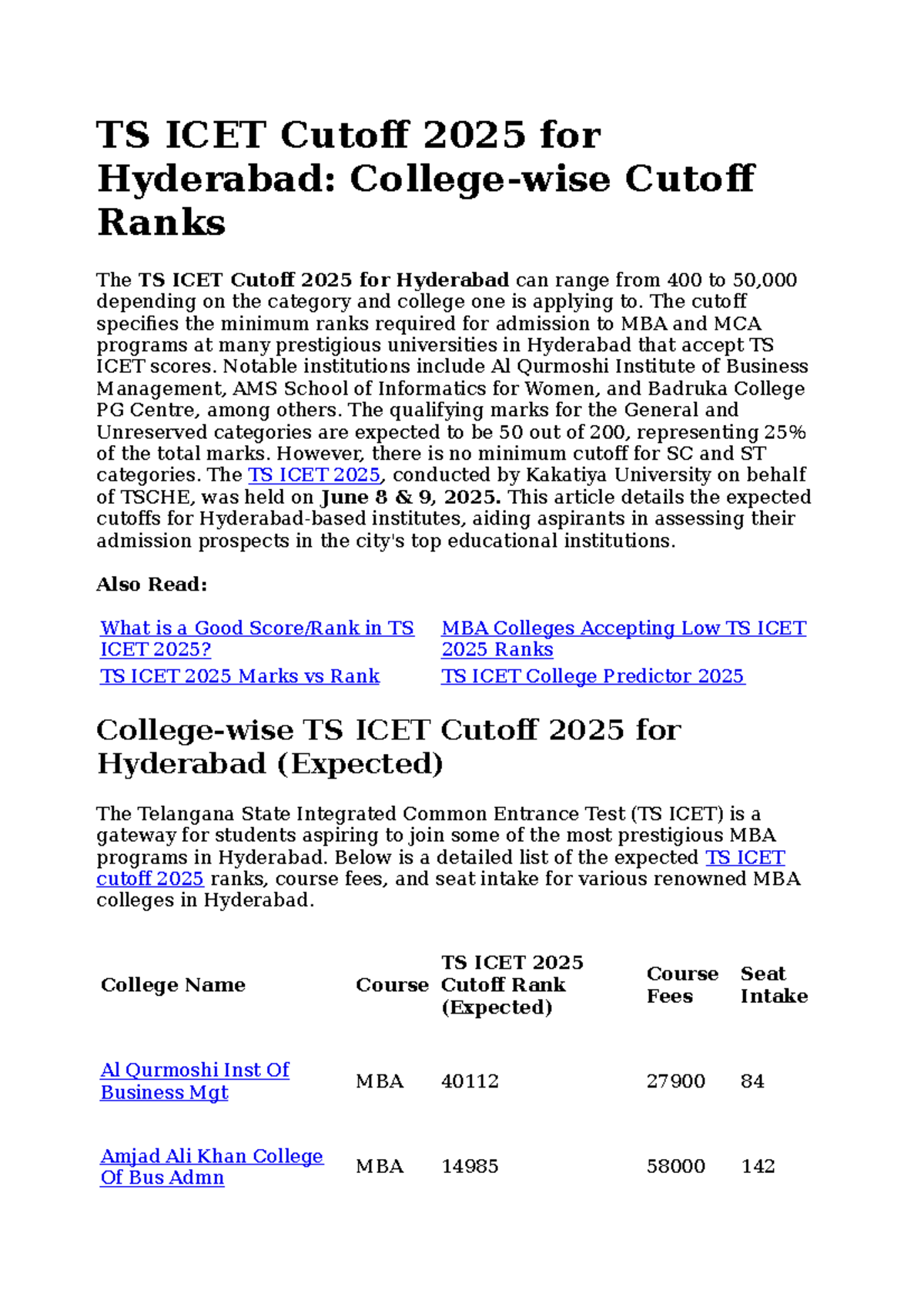 TS ICET 2025 Cutoff Ranks for MBA in Hyderabad: Expected Insights - Studocu