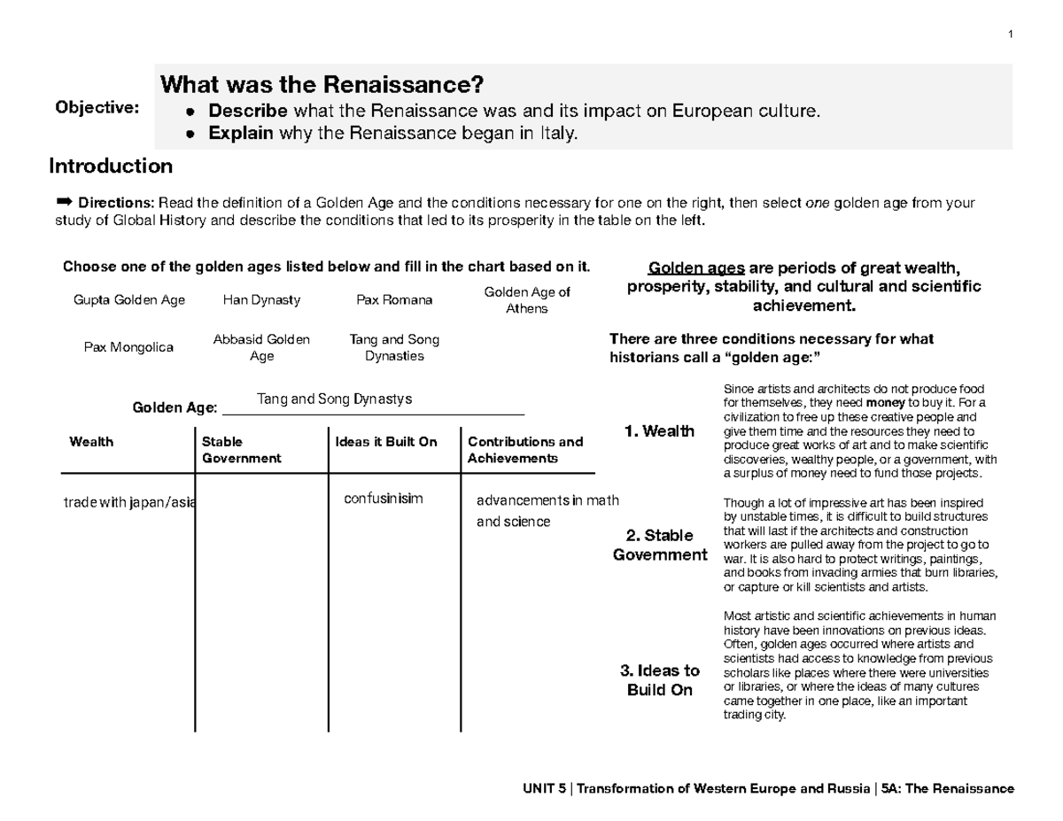 Unit 5A Study Notes: The Renaissance - Cultural Transformation ...