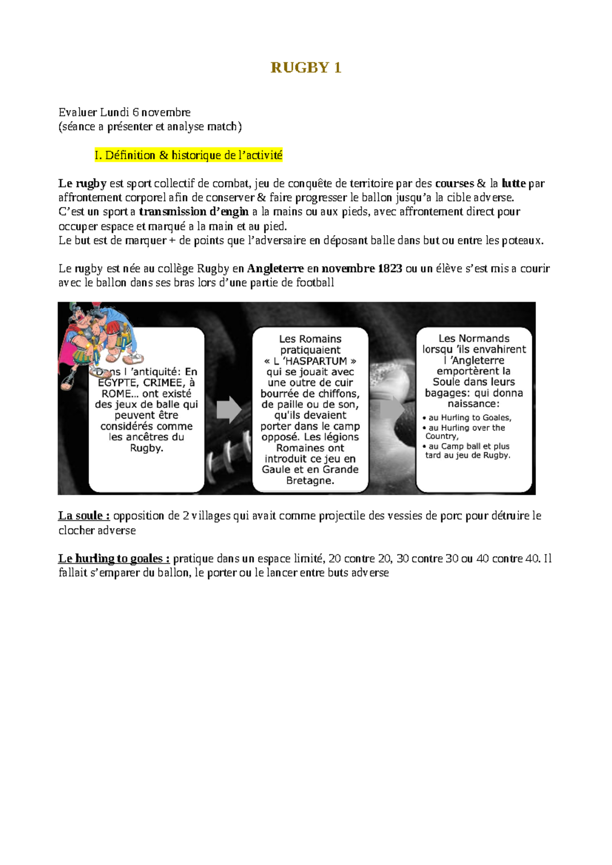 Rugby théorie cours 1 - RUGBY 1 Evaluer Lundi 6 novembre (séance a ...