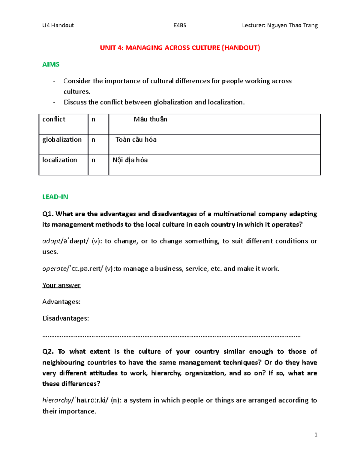 2. U4 Handout - UNIT 4: MANAGING ACROSS CULTURE (HANDOUT) AIMS Consider ...
