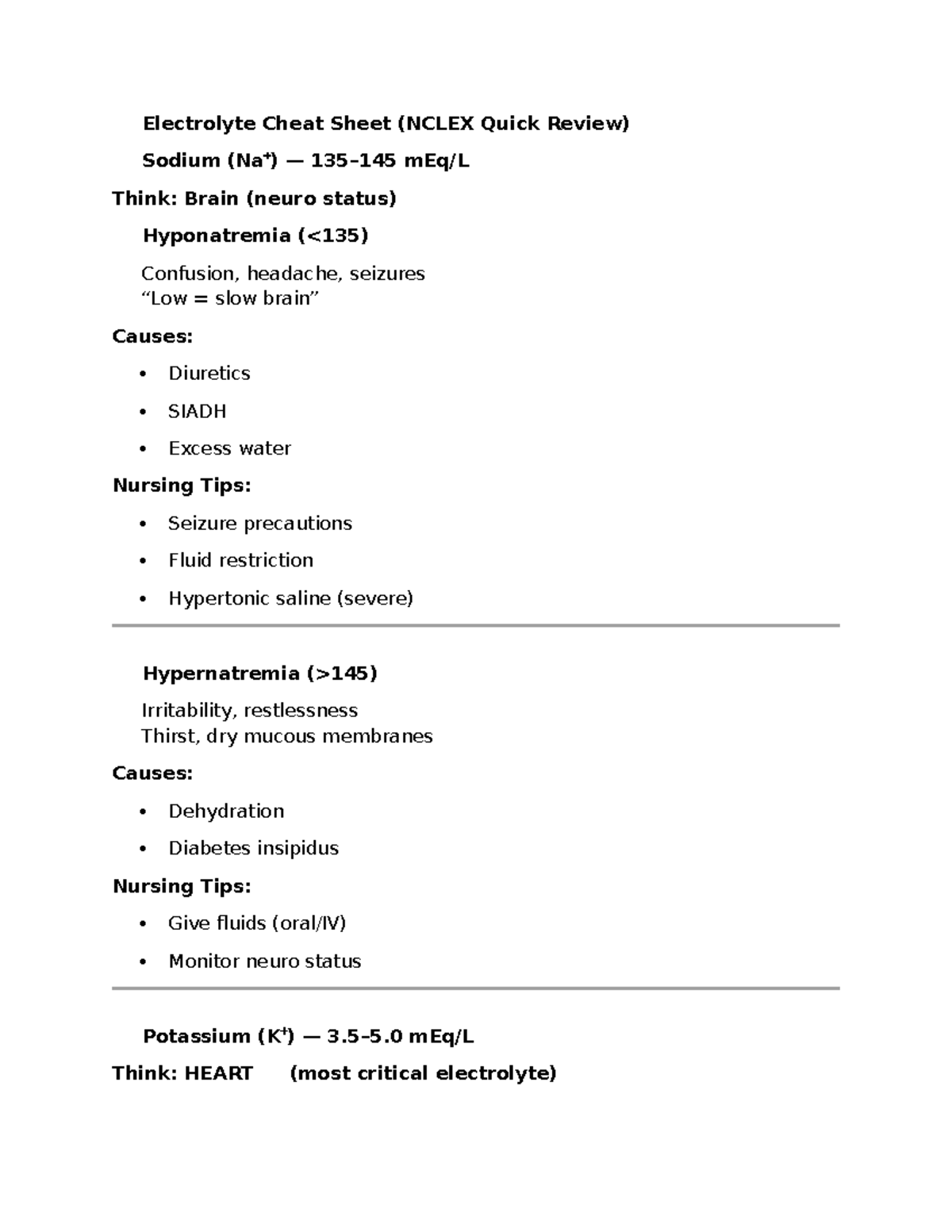 Electrolyte Cheat Sheet for NCLEX: Quick Review & Nursing Tips - Studocu