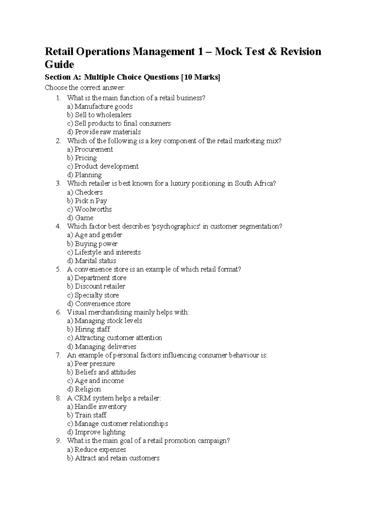 Retail Operations Management 1 Mock Test Revision Guide: MCQs - Studocu