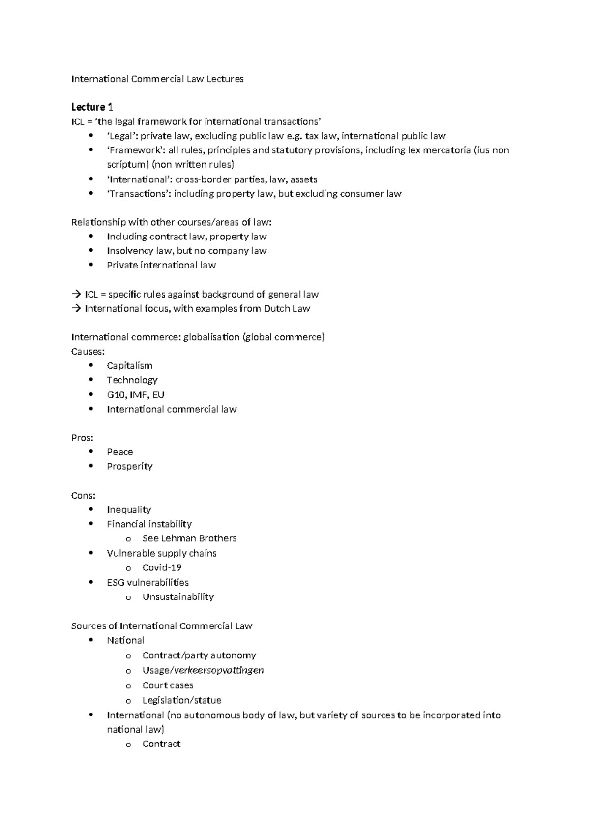 International Commercial Law ICL Lecture Series Overview - Studeersnel